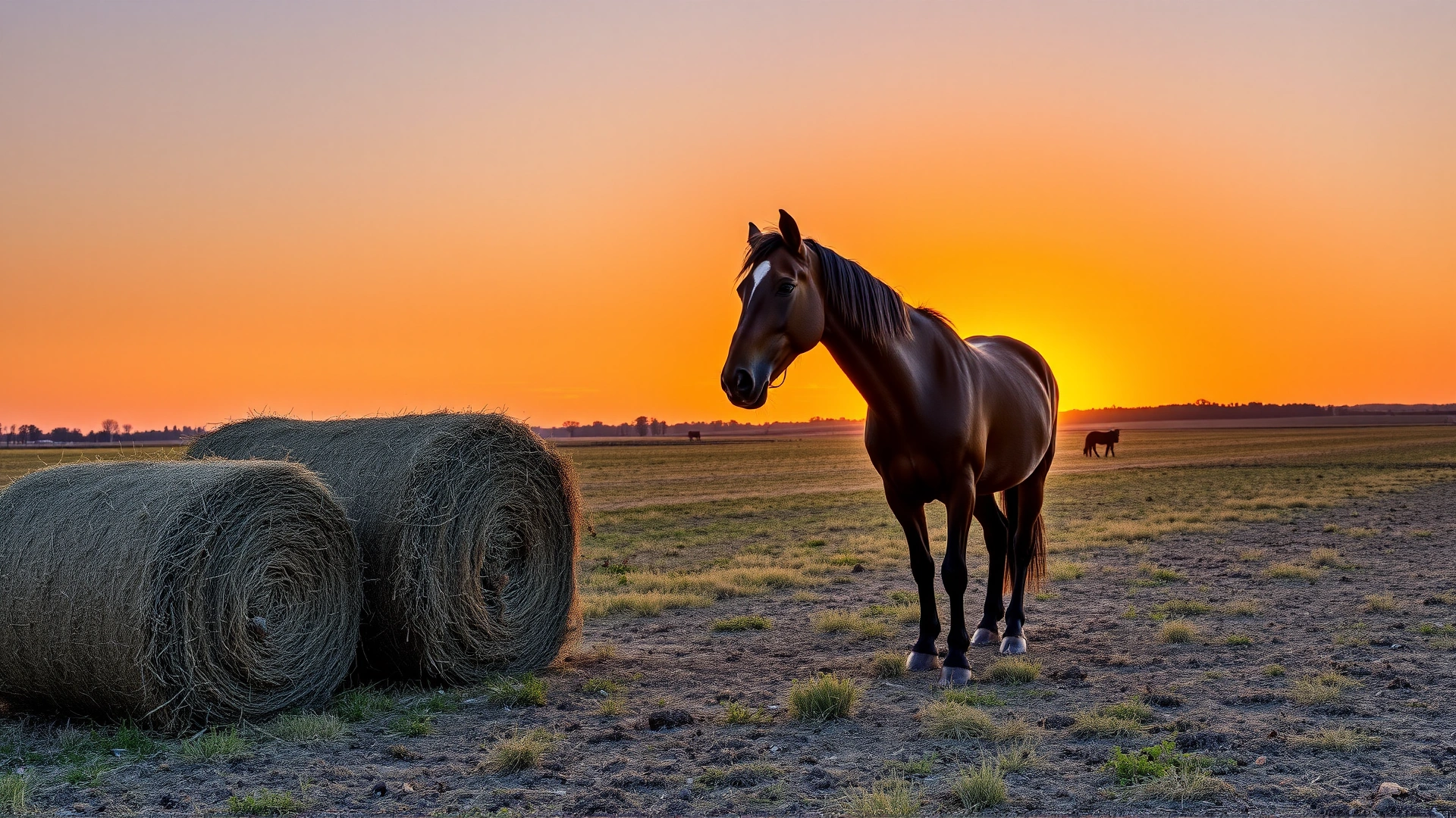 Serene evening scene of a horse grazing beside stacked hay bales in an open paddock, orange sunset sky in the background.