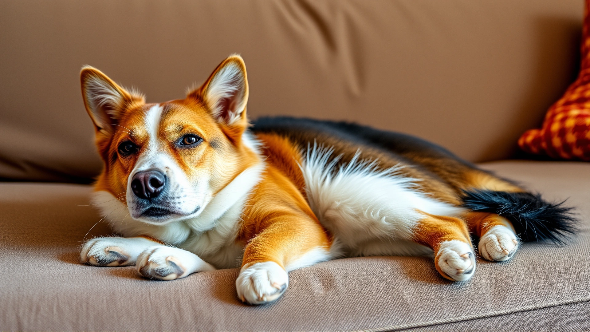 Contented cat and dog resting together on a couch, looking healthy and relaxed, warm home setting