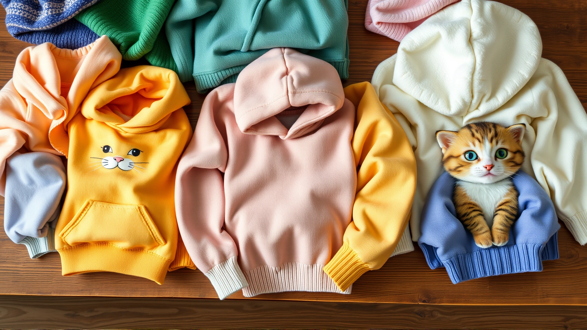 Neatly arranged collection of cat sweaters and hoodies in various sizes and pastel colors on a wooden table, showcasing soft textures