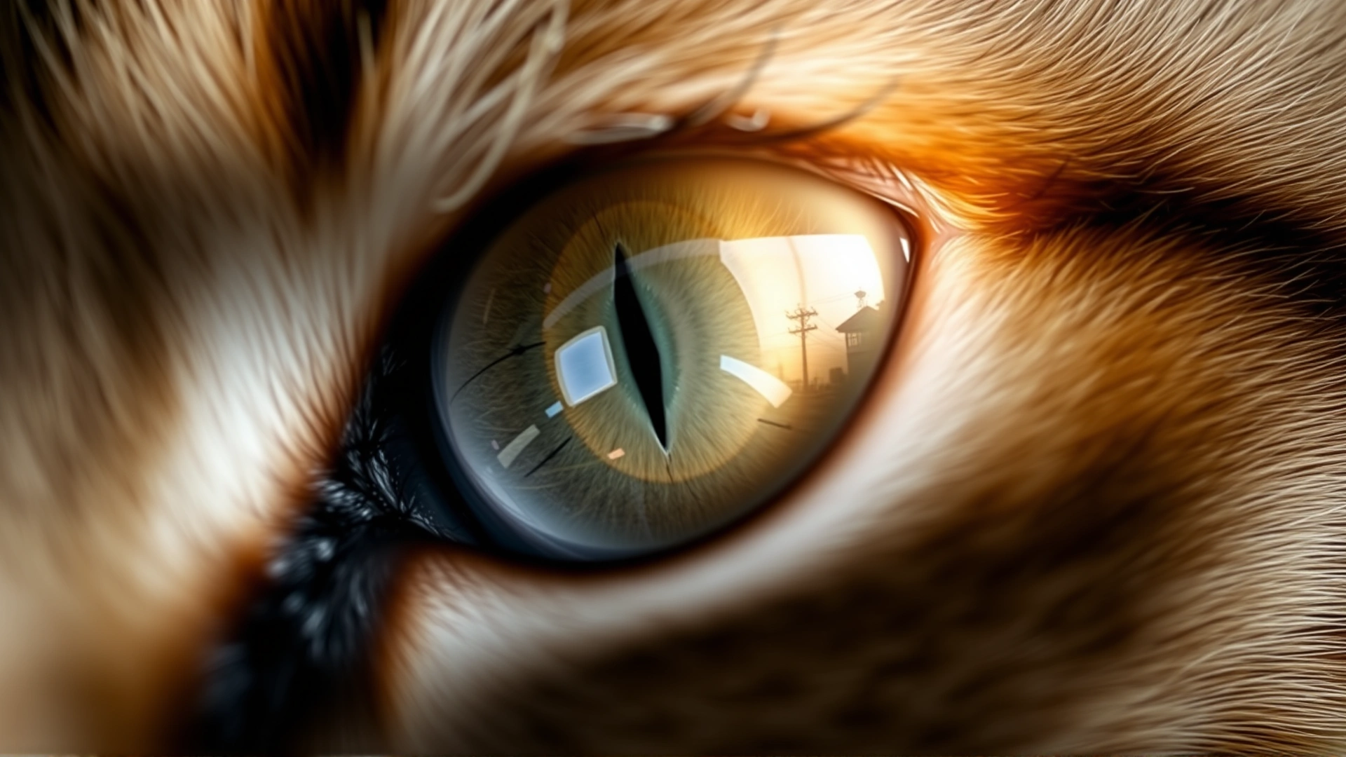 Close-up macro shot of a cat eye with a visible cataract, lens appears milky, surrounding fur softly lit.