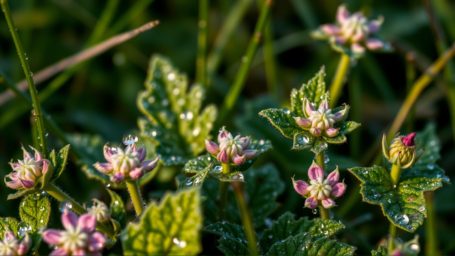 Macro shot of red clover leaves and flowers covered with morning dew in a horse pasture, highlighting potential fungal spots.