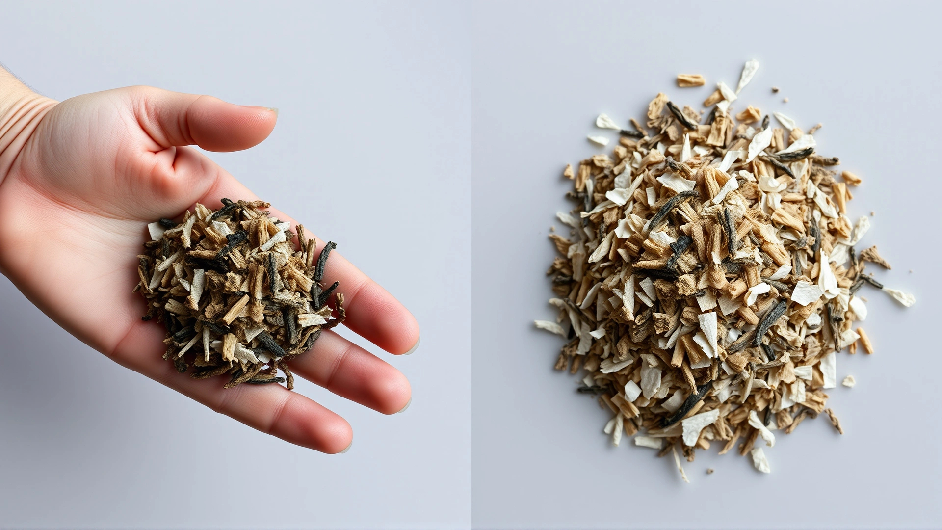 Side-by-side comparison: one hand holding a solid clump of litter vs. loose non-clumping litter, neutral backdrop