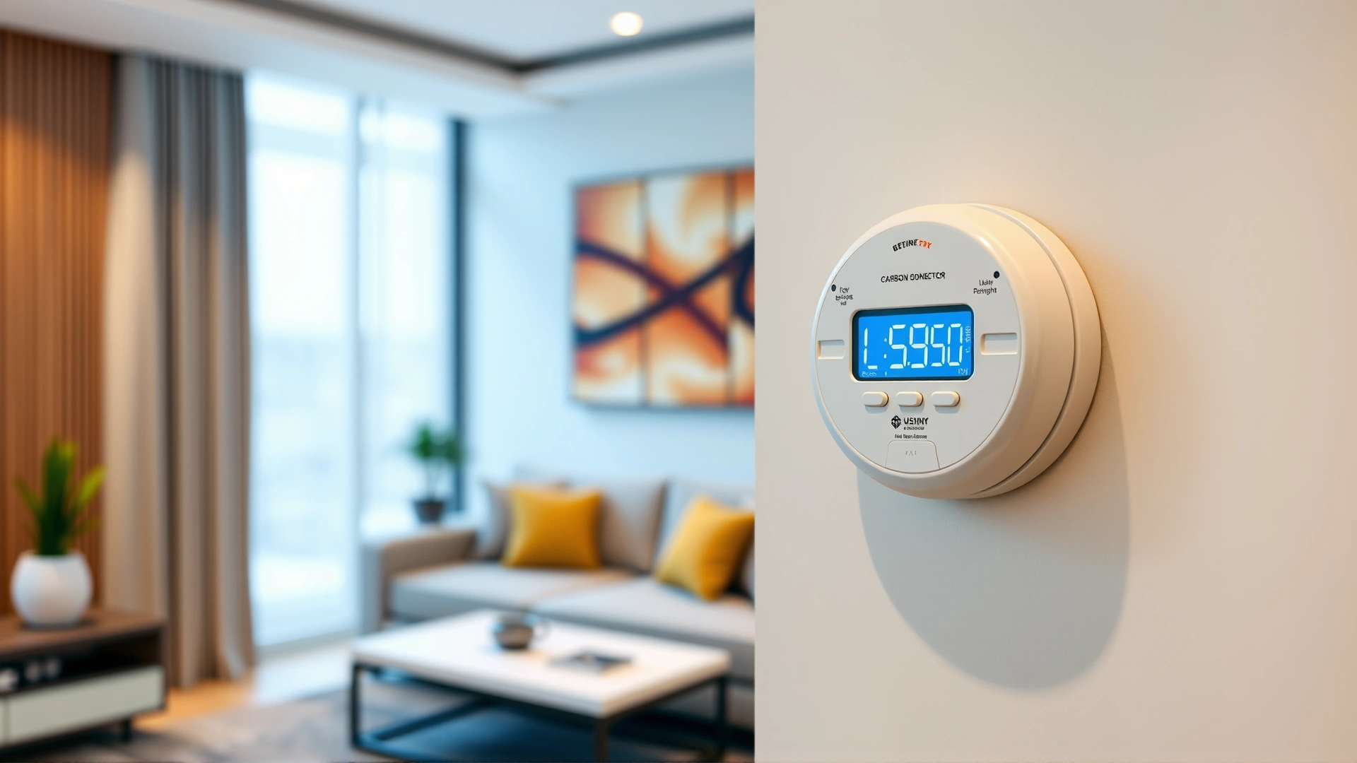 Wall-mounted carbon monoxide detector with digital display in a modern living room, shallow depth of field, no text