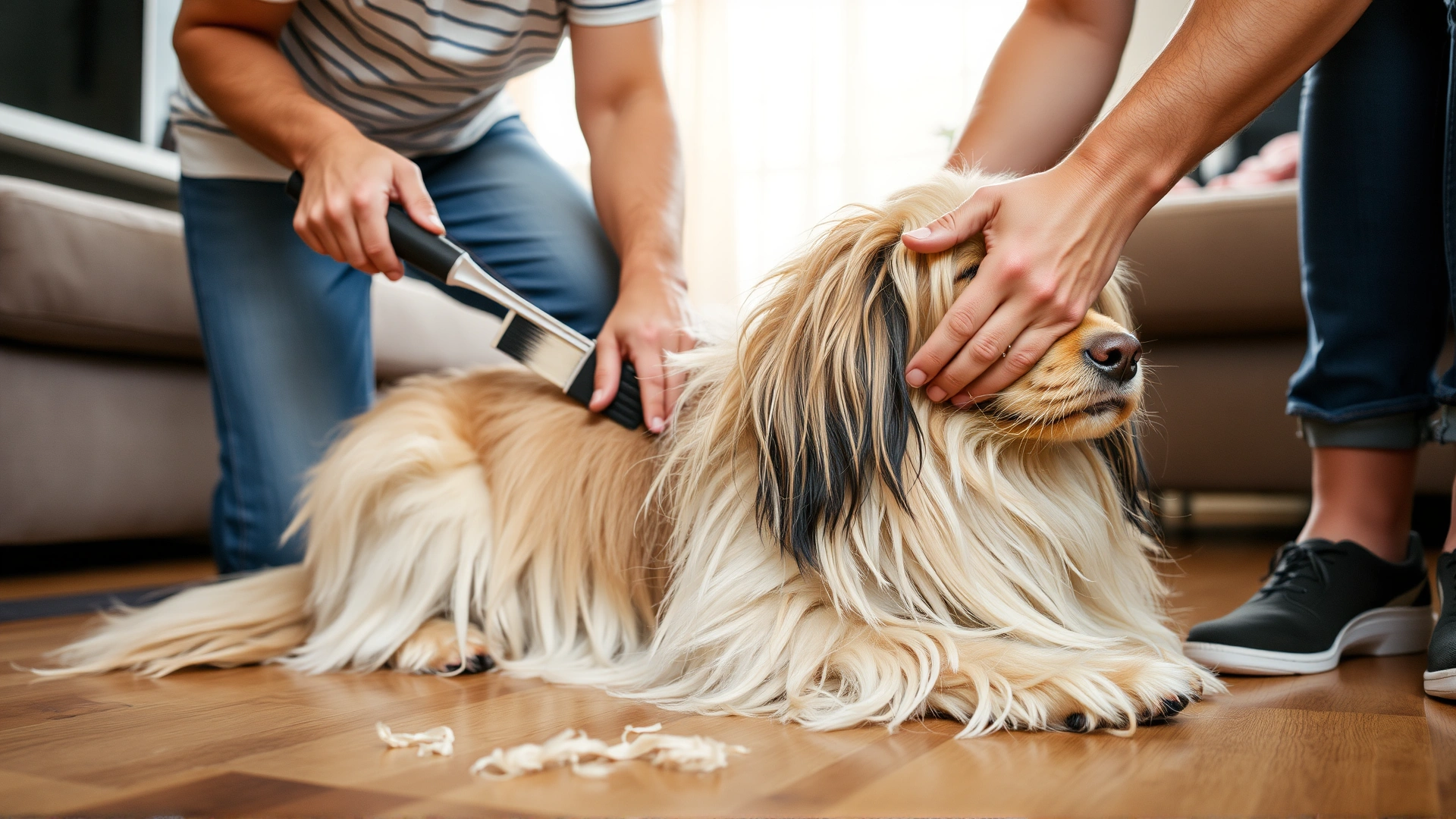 Owner brushing a long-haired dog's coat on a living room floor with visible loose fur, emphasizing grooming.