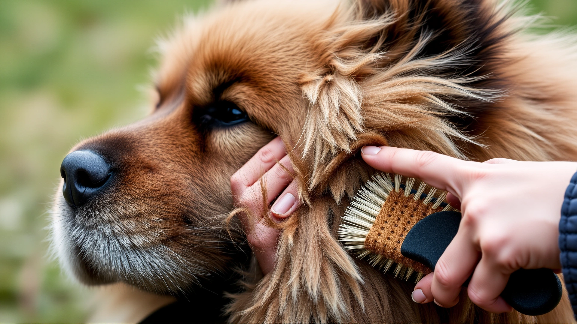 Close-up of hands gently brushing the thick double coat of an adult Eurasier outdoors, tufts of fur visible on the brush