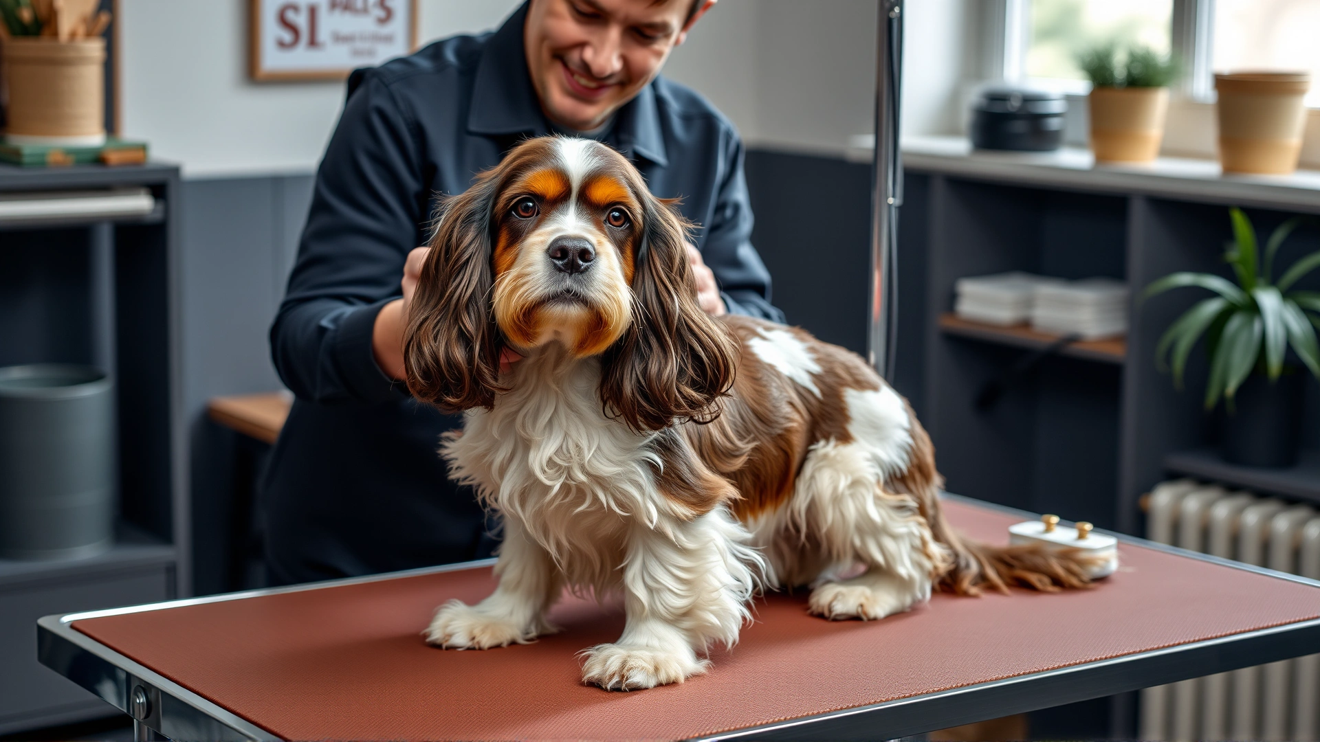 Owner brushing the silky coat of an English Cocker Spaniel on a grooming table indoors