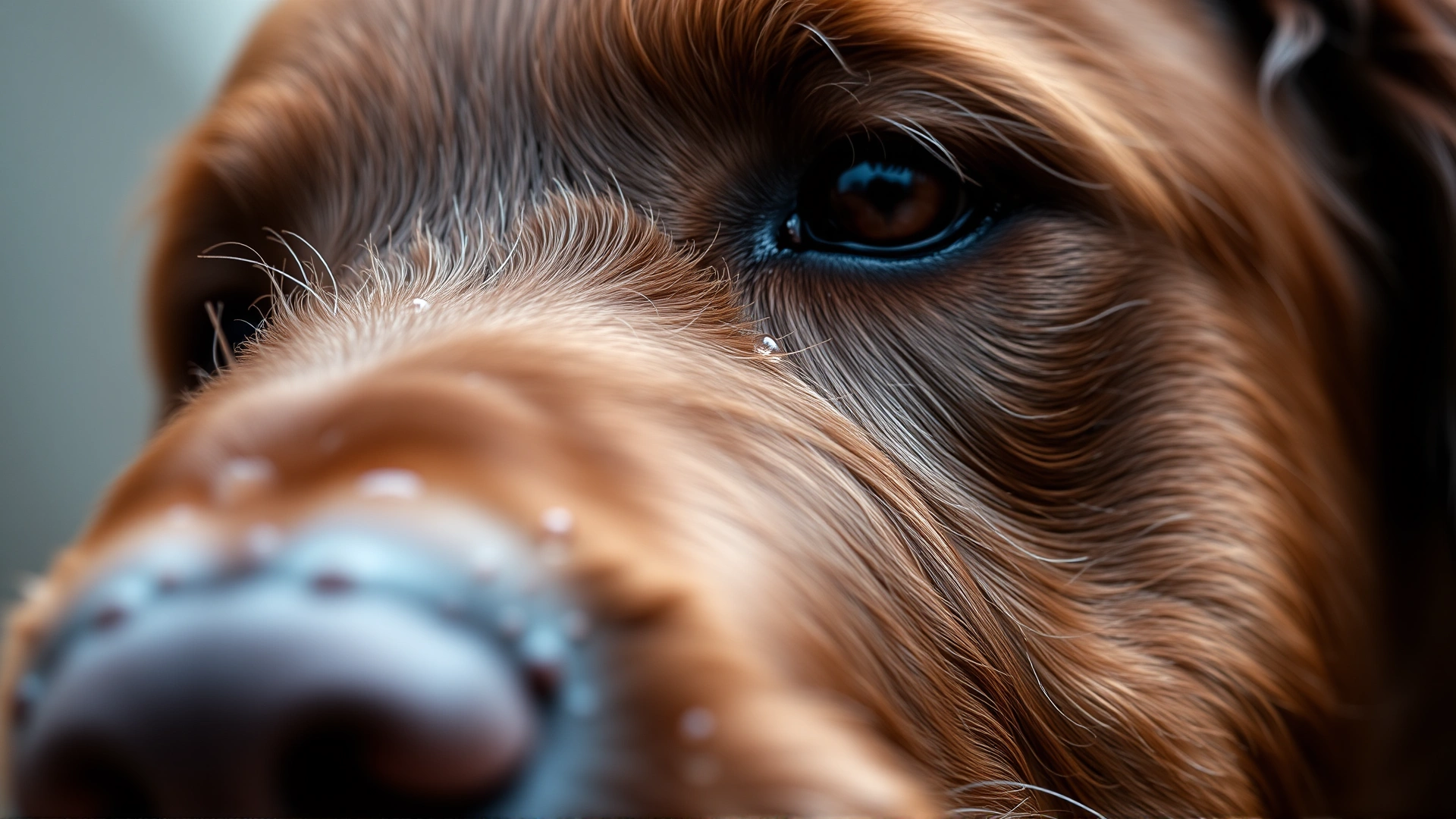 Macro shot showing the thick, wavy, oily double coat of a Chesapeake Bay Retriever with water droplets beading, neutral blurred background