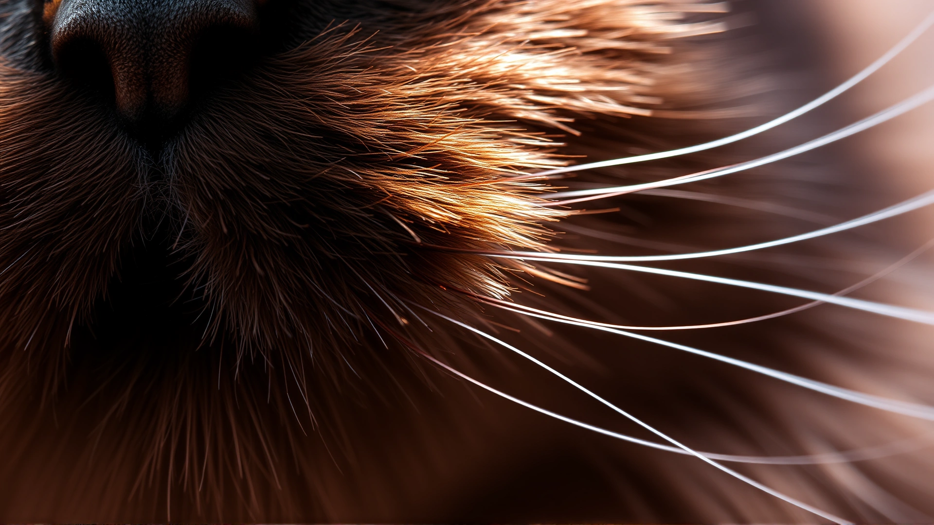 Macro shot of York Chocolate cat fur showing fine silky chocolate strands under natural light, extreme close-up, high detail