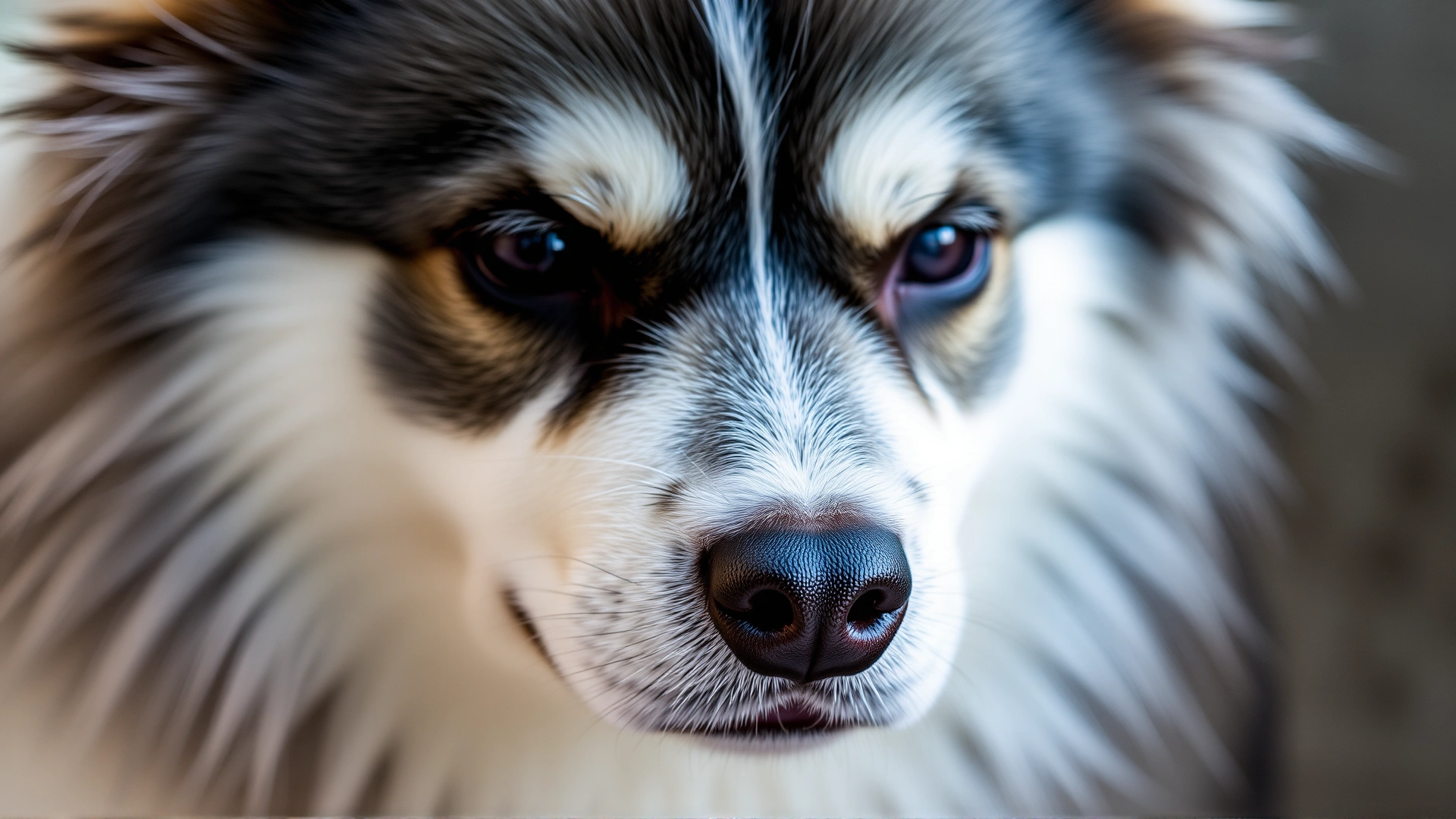 Macro shot of an Alaskan Klee Kai’s double coat; dense undercoat and straight guard hairs in gray and white.