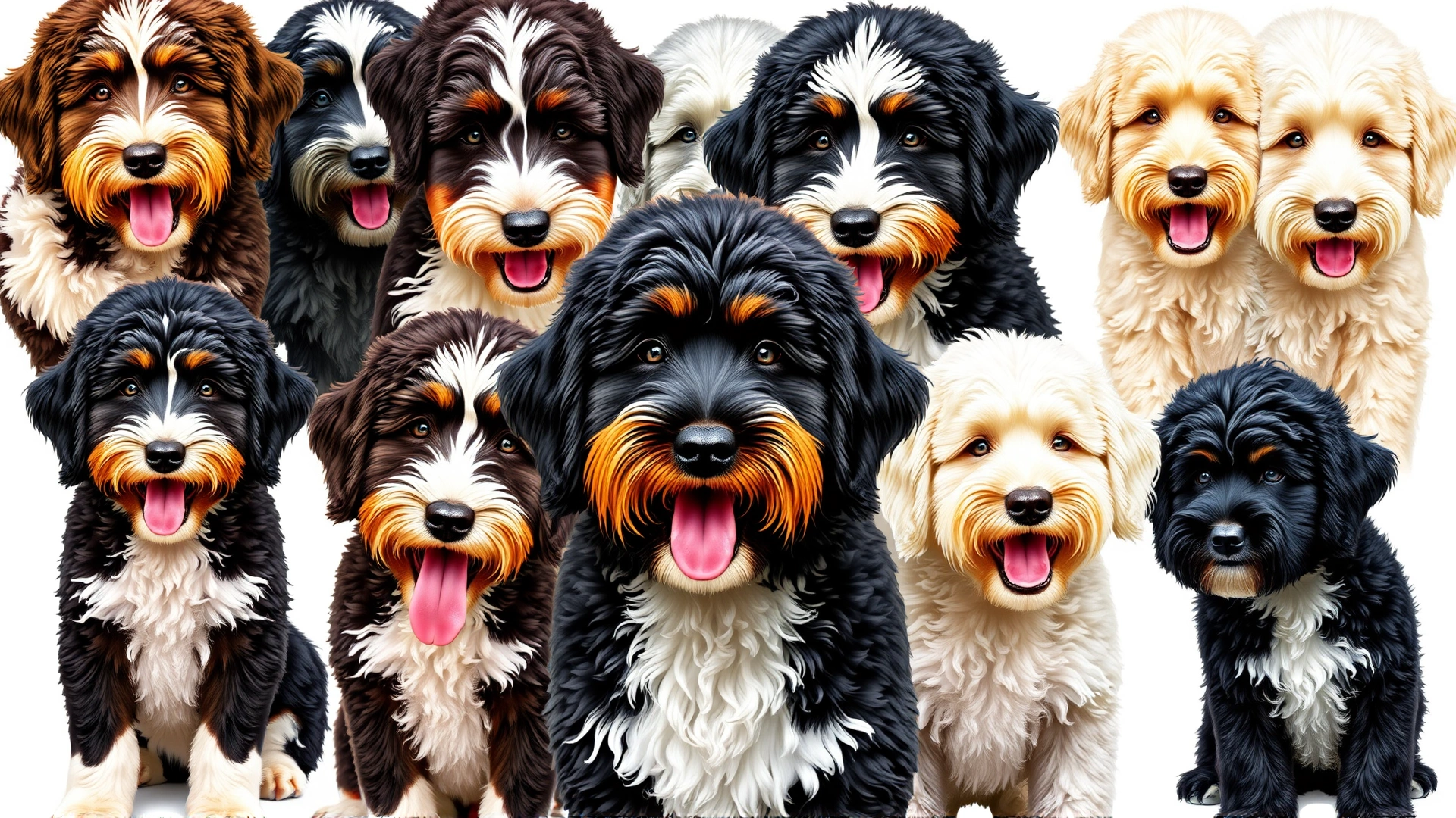 Collage of different Bernedoodle coat colors and patterns (tri-color, bi-color, merle, phantom) on a white background