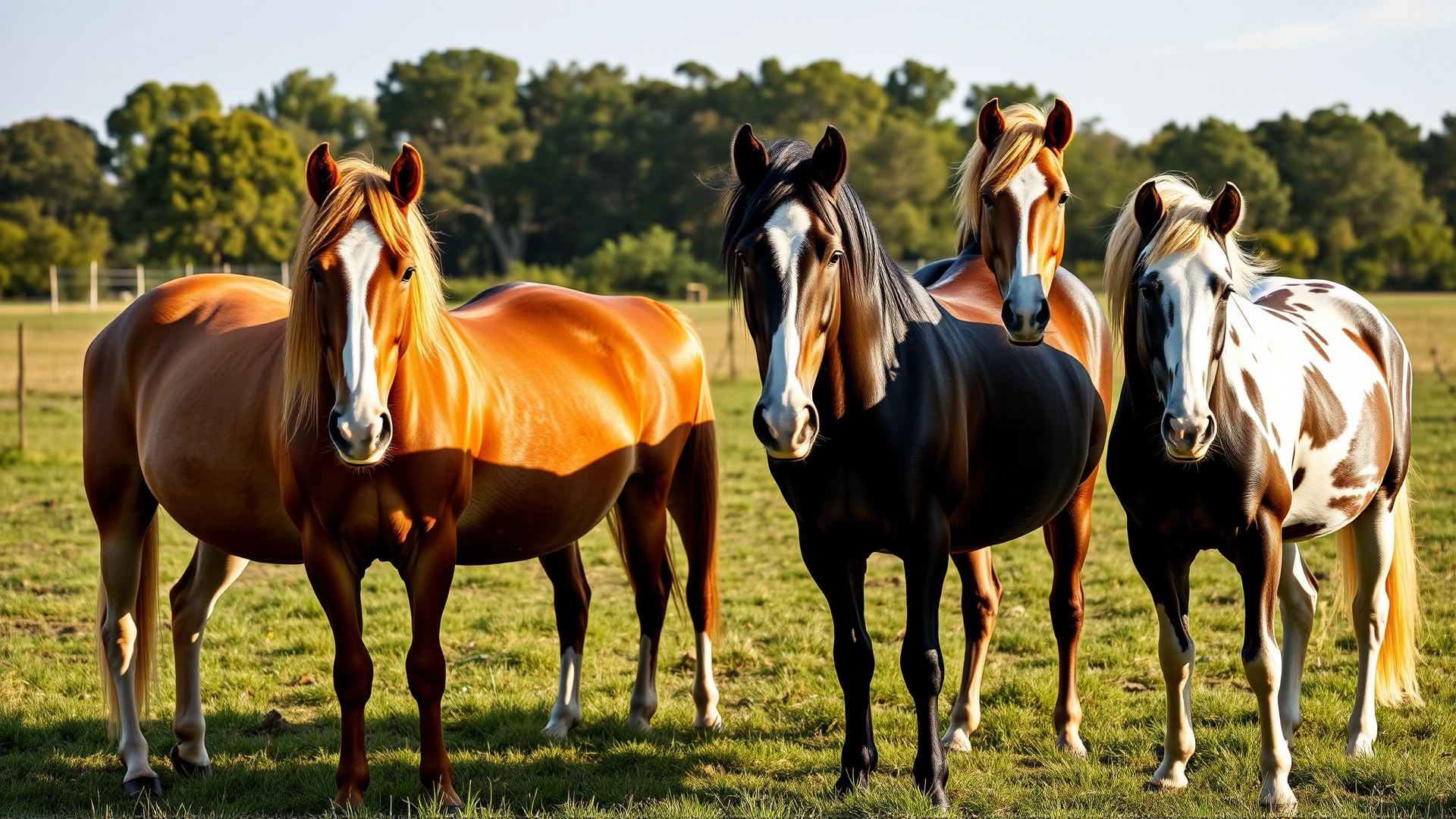Several Argentine Criollo horses of different coat colors (dun, bay, overo, roan) standing together in a pasture, mid-morning light.