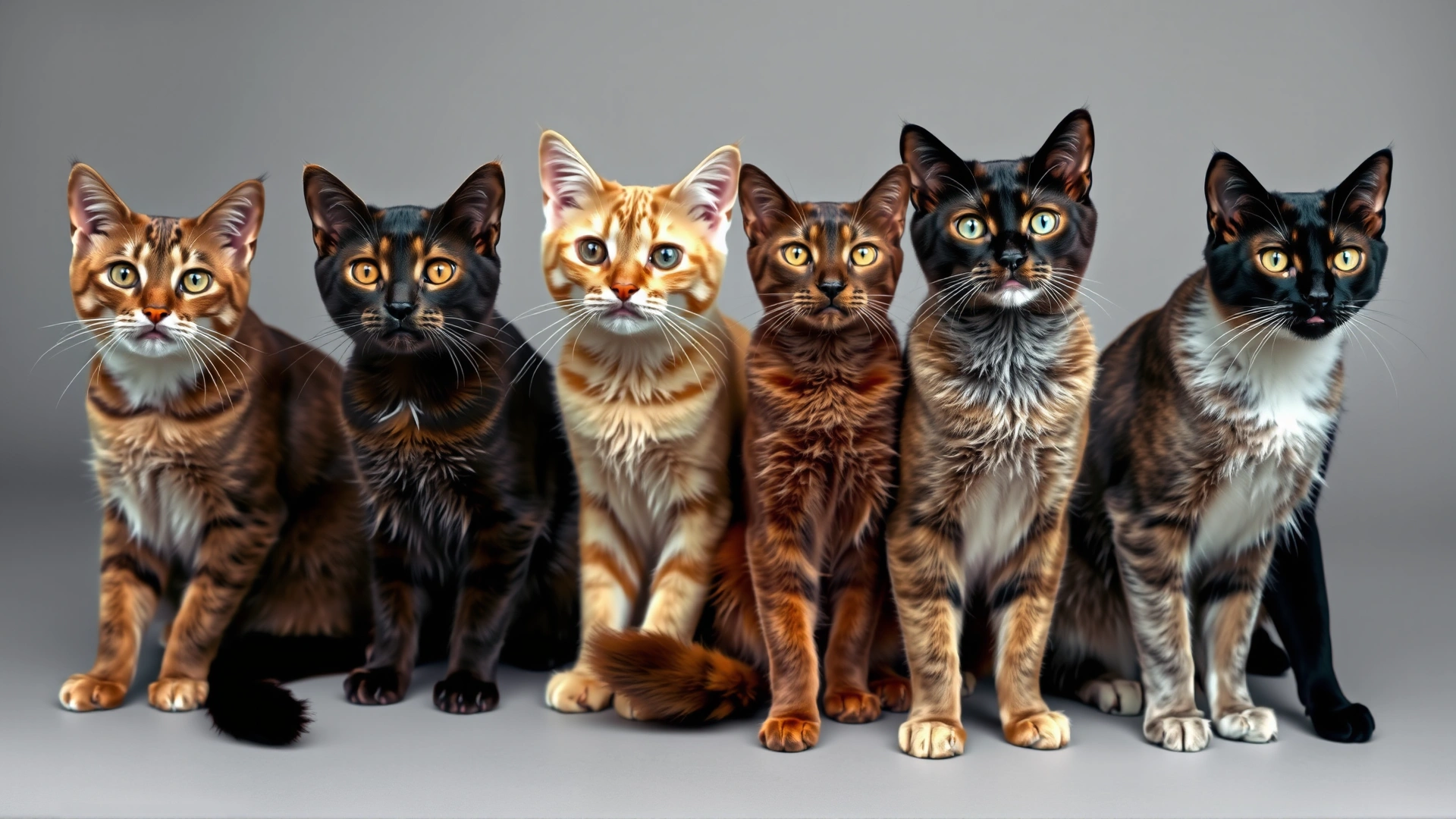Collage of six California Spangled cats sitting side by side displaying different coat colors: bronze, gold, brown, charcoal, red, and silver, neutral studio background
