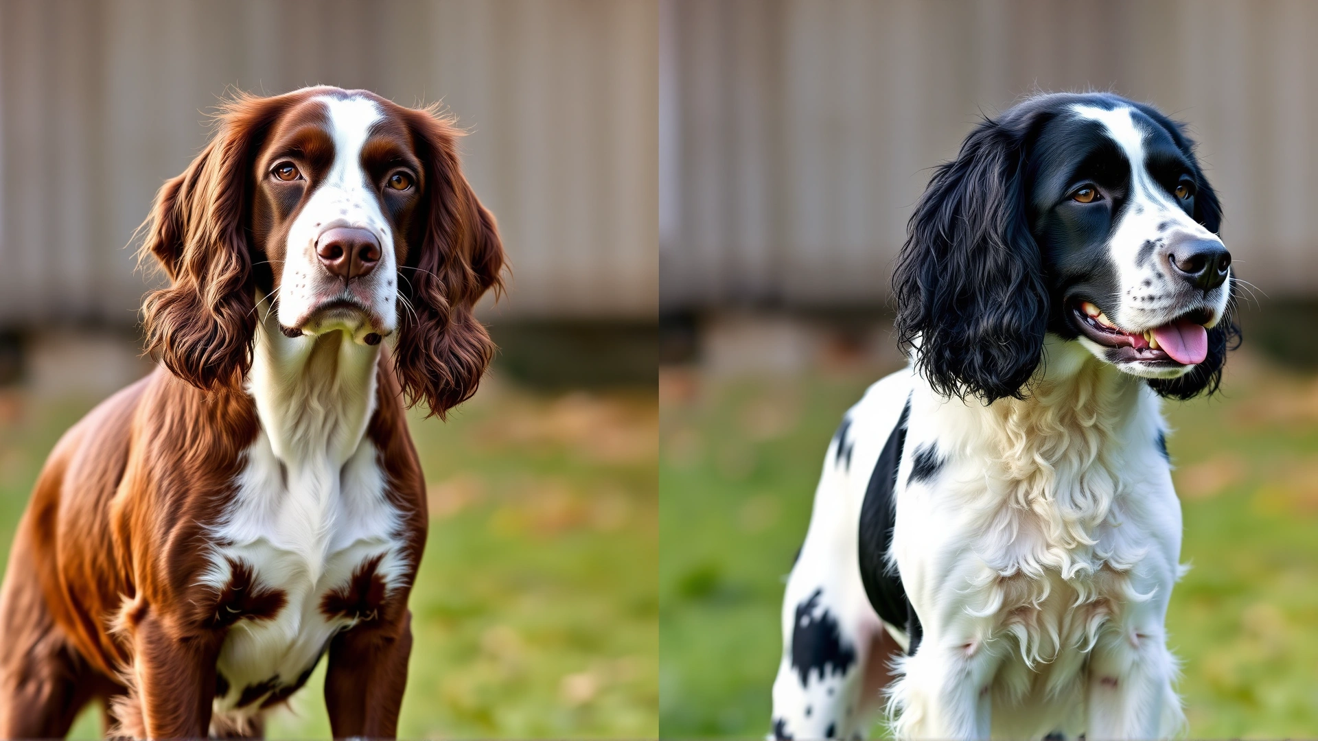 Side-by-side outdoor photo showing a liver-and-white English Springer Spaniel standing next to a black-and-white Springer Spaniel to highlight coat color variations.