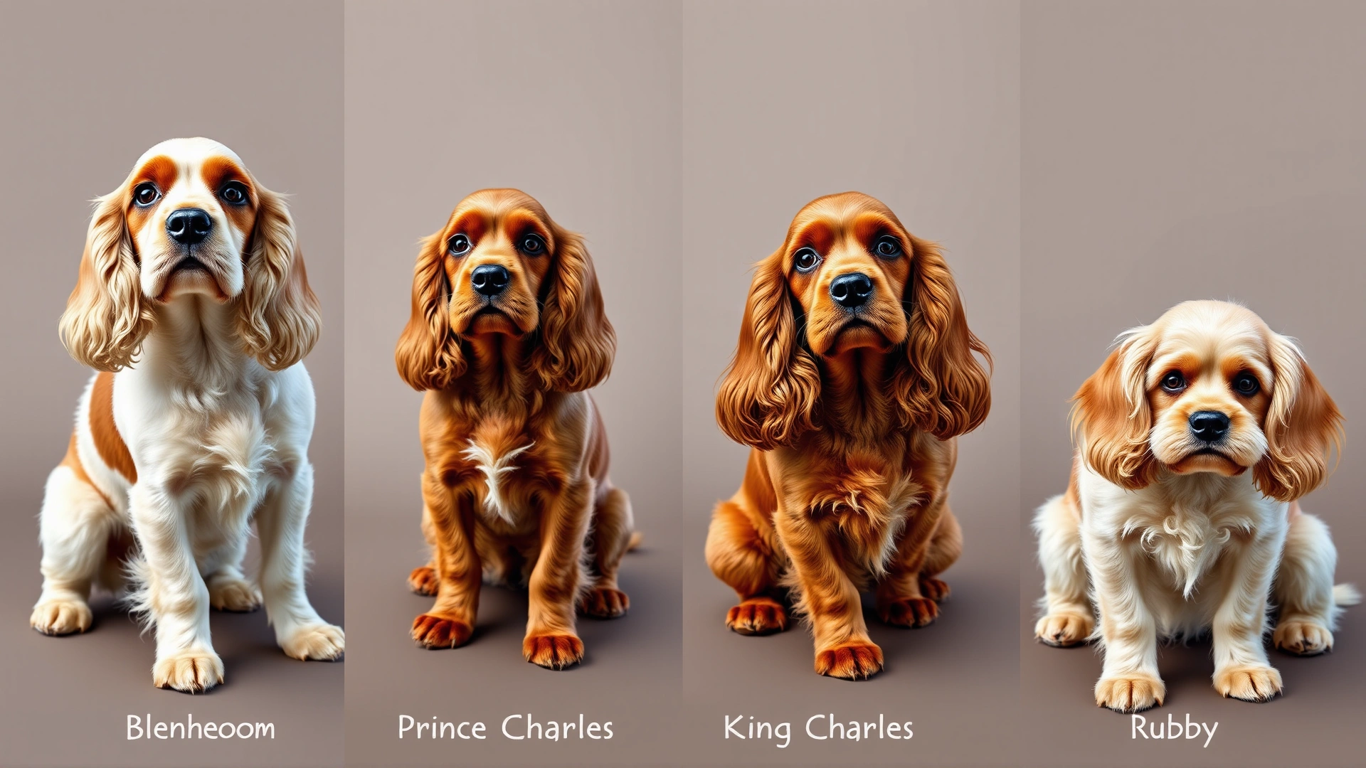 Collage of four English Toy Spaniels each displaying a different official coat color (Blenheim, Prince Charles, King Charles, Ruby) against neutral backdrops
