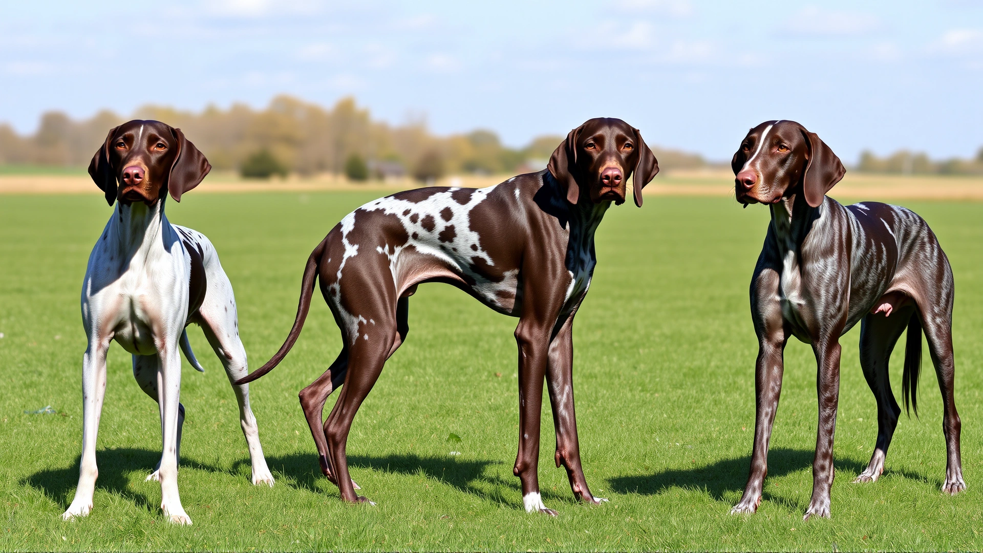 Three German Shorthaired Pointers standing side by side on grass, each displaying a different coat pattern: solid liver, liver and white patched, and liver roan, under a clear sky.