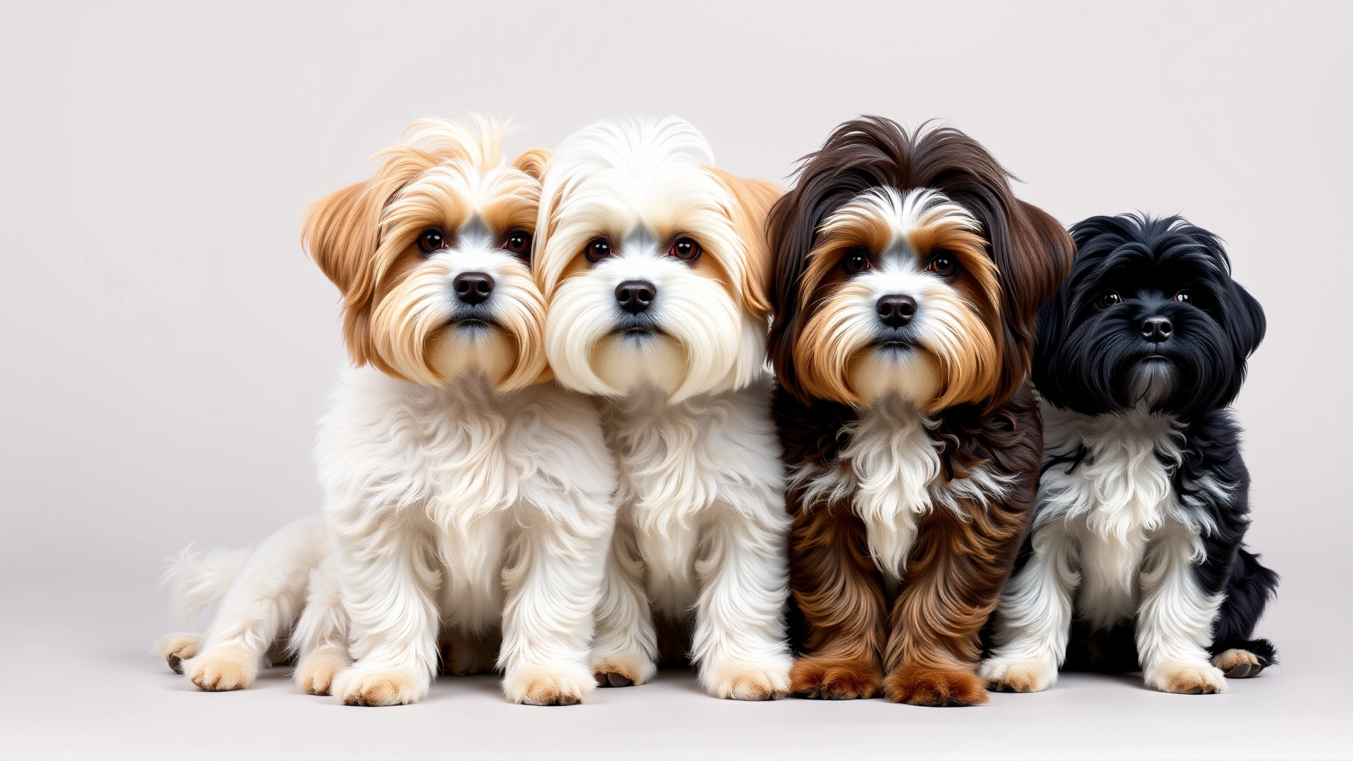 Collage-style image showing three Havanese dogs sitting side by side, each with a distinct coat color (white, chocolate, and black & white). Soft studio lighting, neutral background.