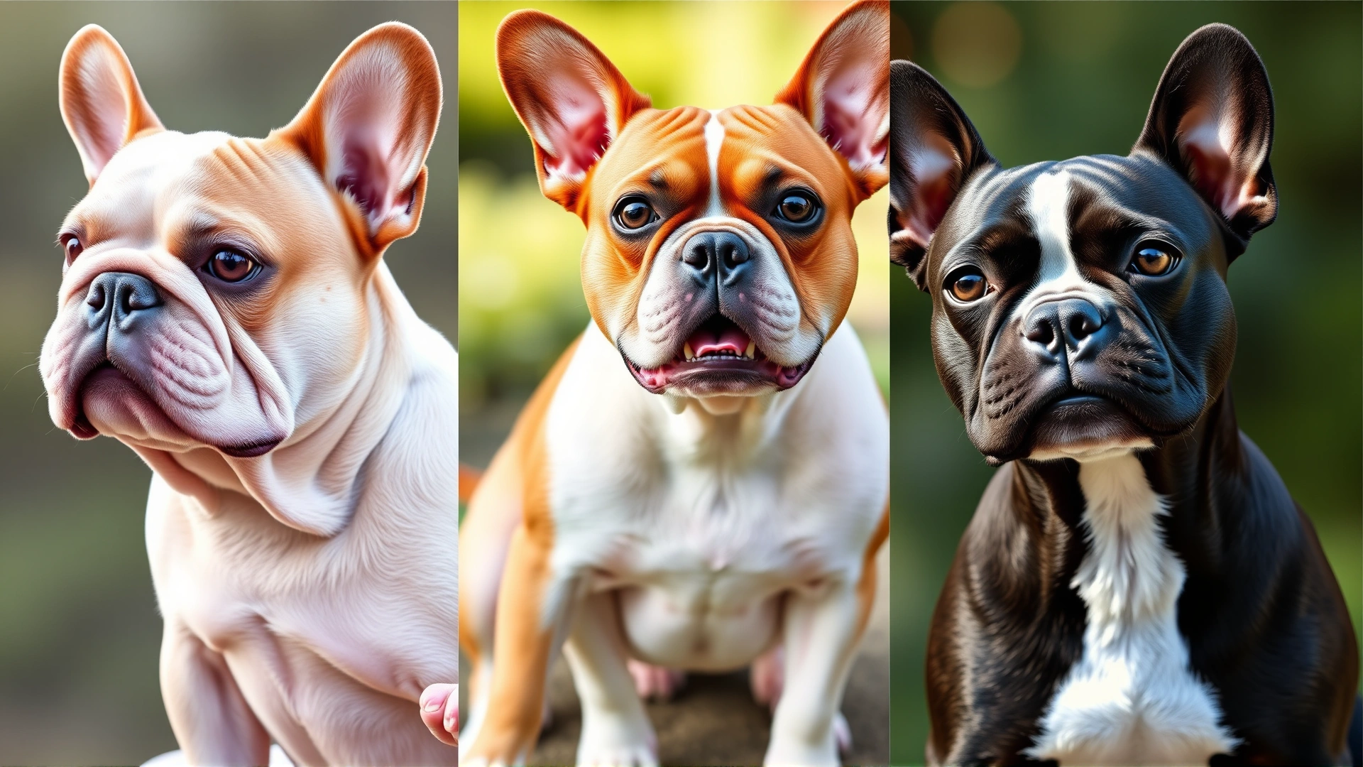 Collage-style image featuring different coat color variations of French Bulldogs and Boston Terriers, shown as separate dogs in natural lighting.