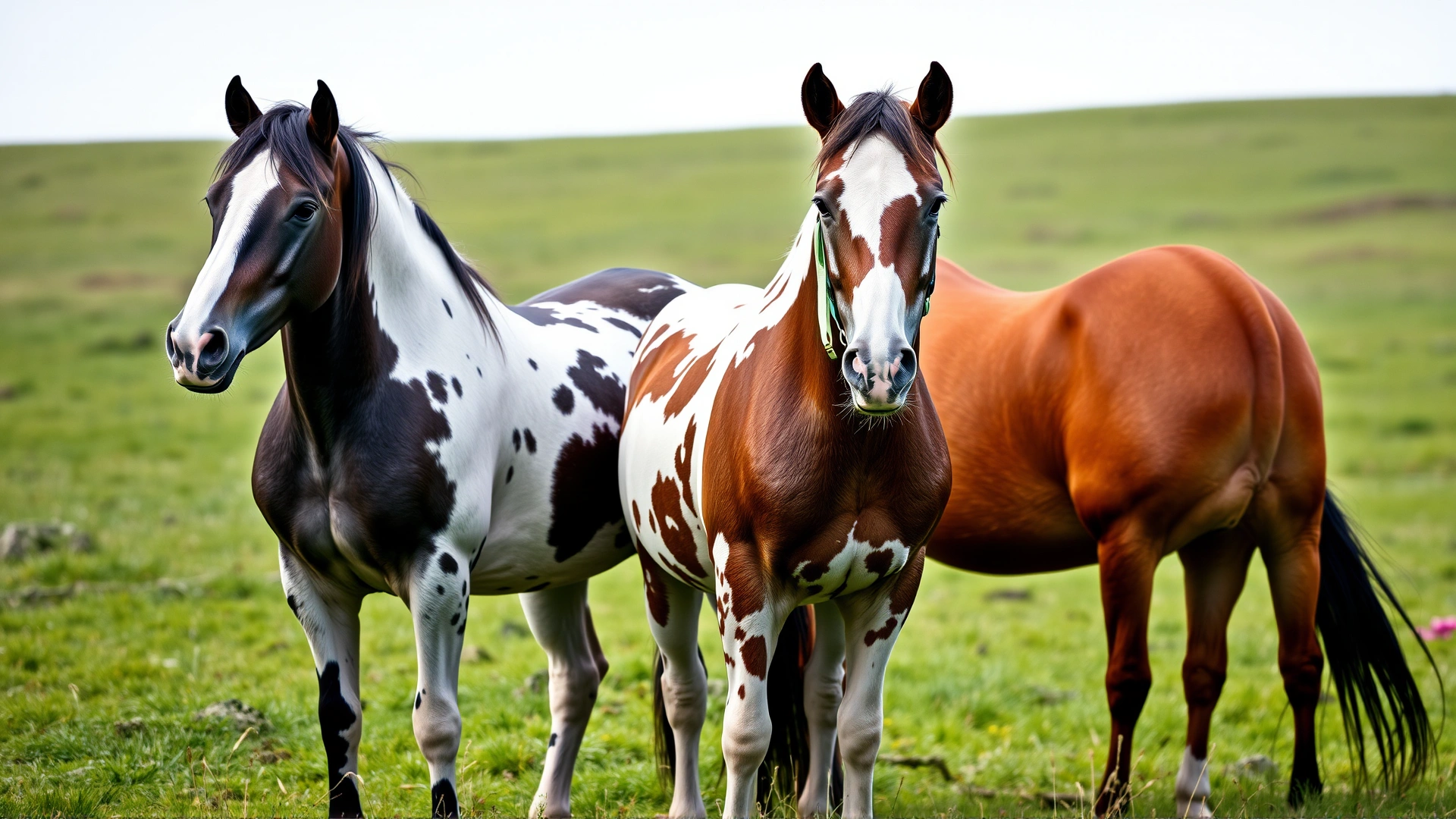 Group shot of three American Indian Horses with different coat patterns (solid bay, pinto, and Appaloosa) standing together in a green pasture.