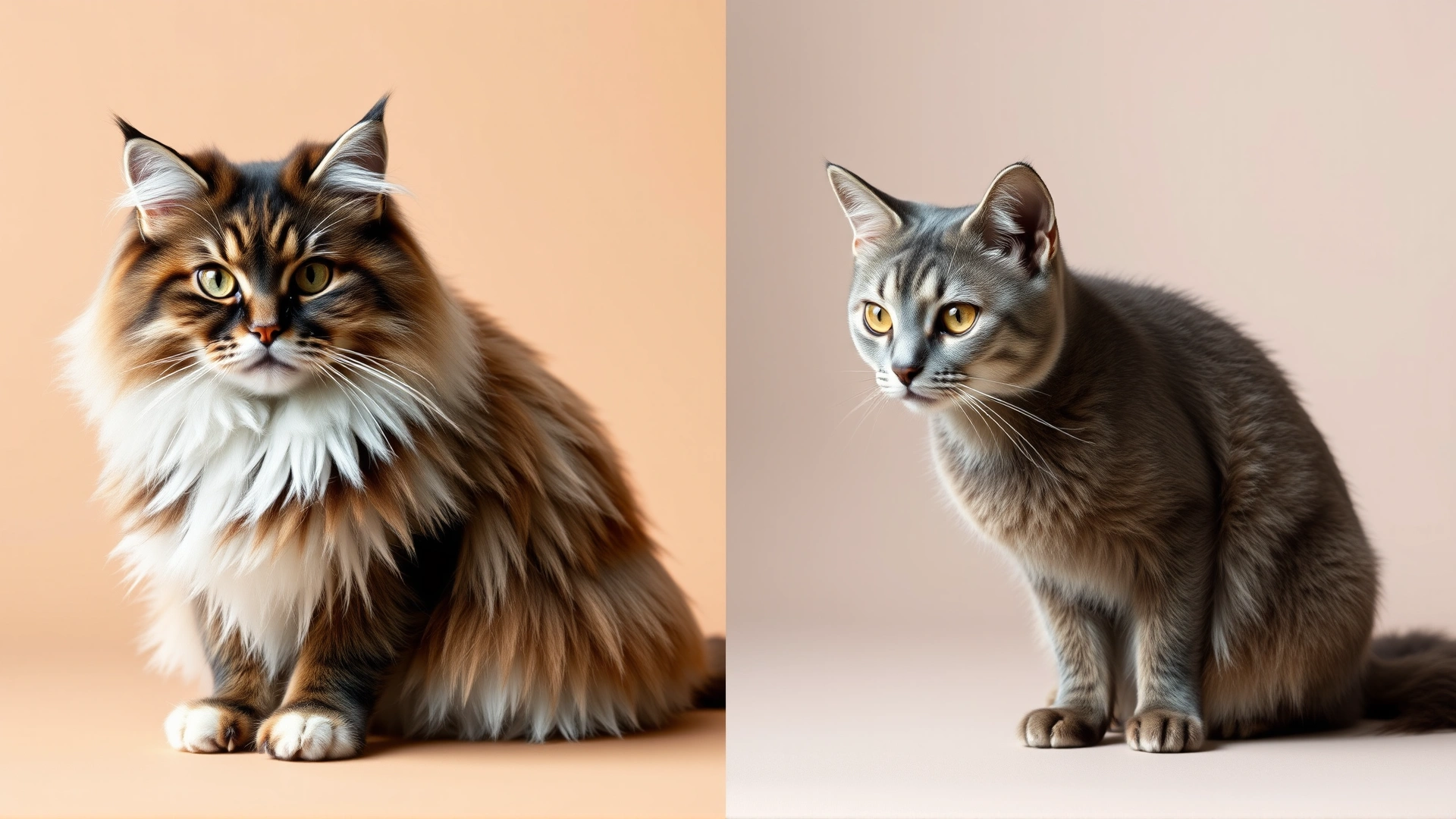 Side-by-side image: left shows a fluffy Maine Coon with thick winter coat, right shows a sleek short-haired cat, both against neutral backgrounds to highlight coat differences.