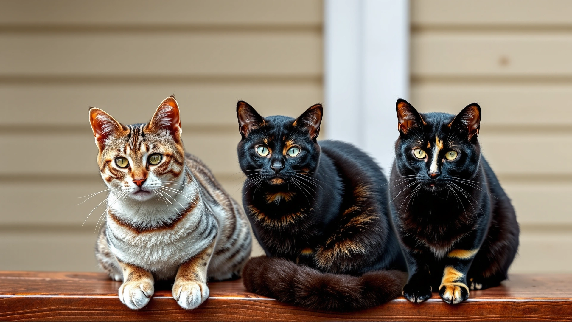 Collage-style image of three European Shorthair cats with different coat patterns: classic tabby, solid black, and tortoiseshell, all sitting on a wooden bench