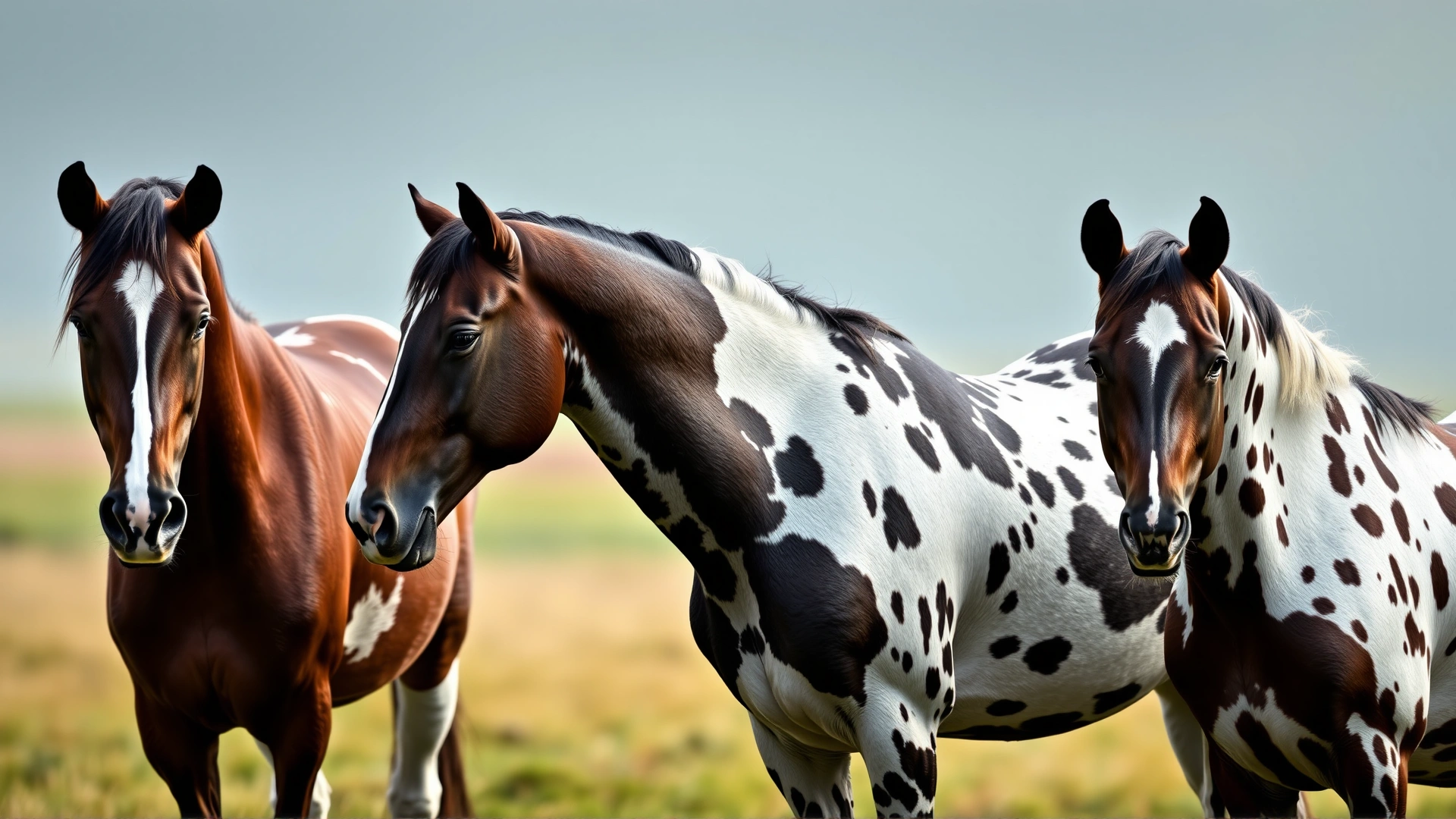 Three American Paint Horses standing side by side, each displaying a different coat pattern (tobiano, overo, tovero) in a grassy field.