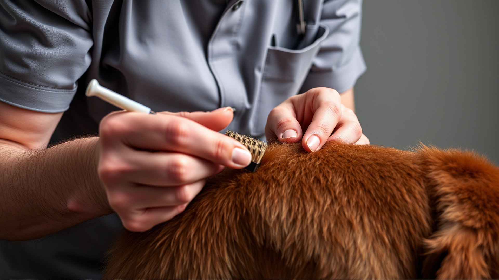Owner parting dog's fur to inspect skin for bumps or parasites, using a brush.