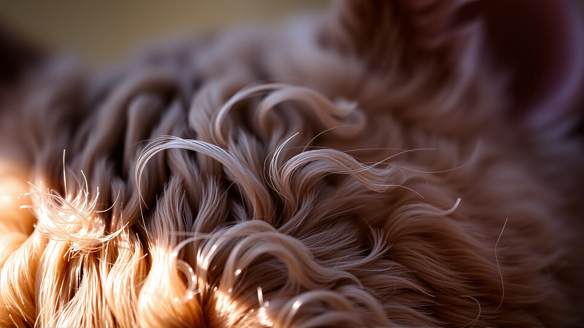 Macro close-up of the soft, wavy coat curls of a Cornish Rex cat under soft natural light