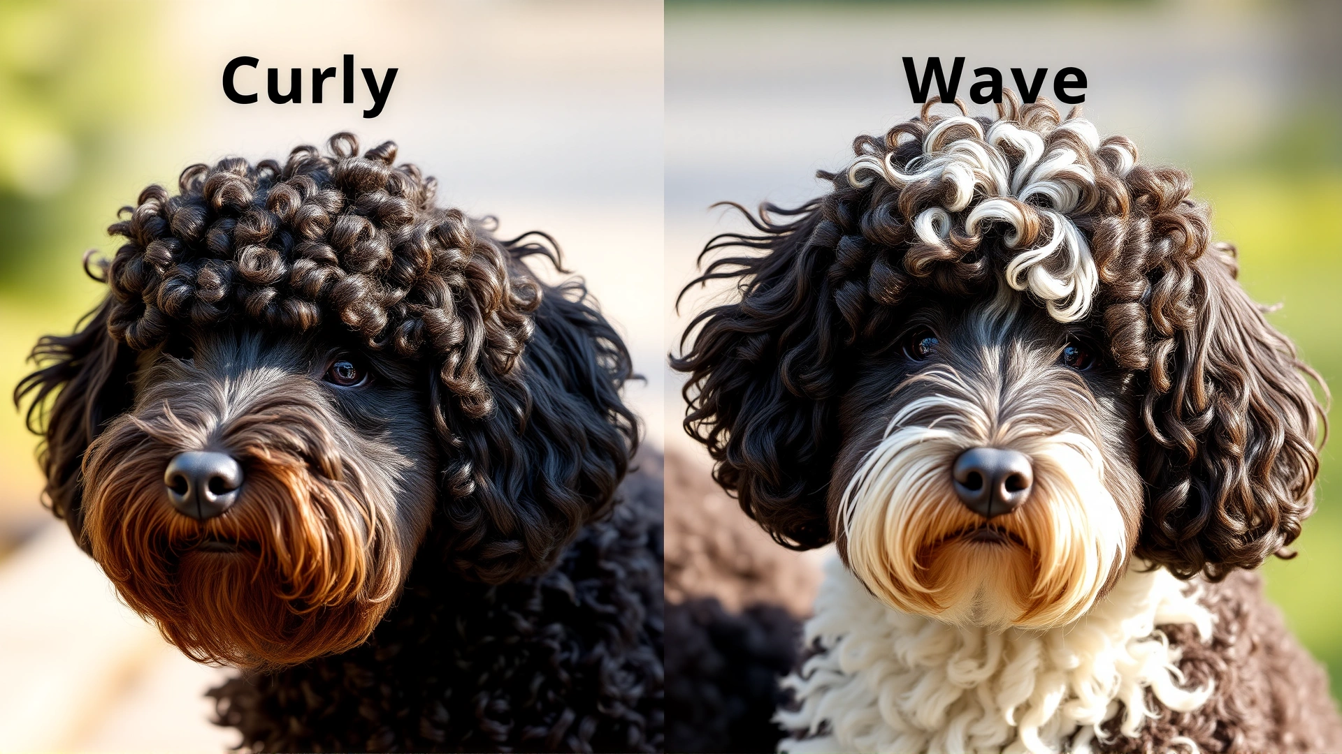 Side-by-side close-up comparison of curly and wavy Portuguese Water Dog coats in natural outdoor lighting