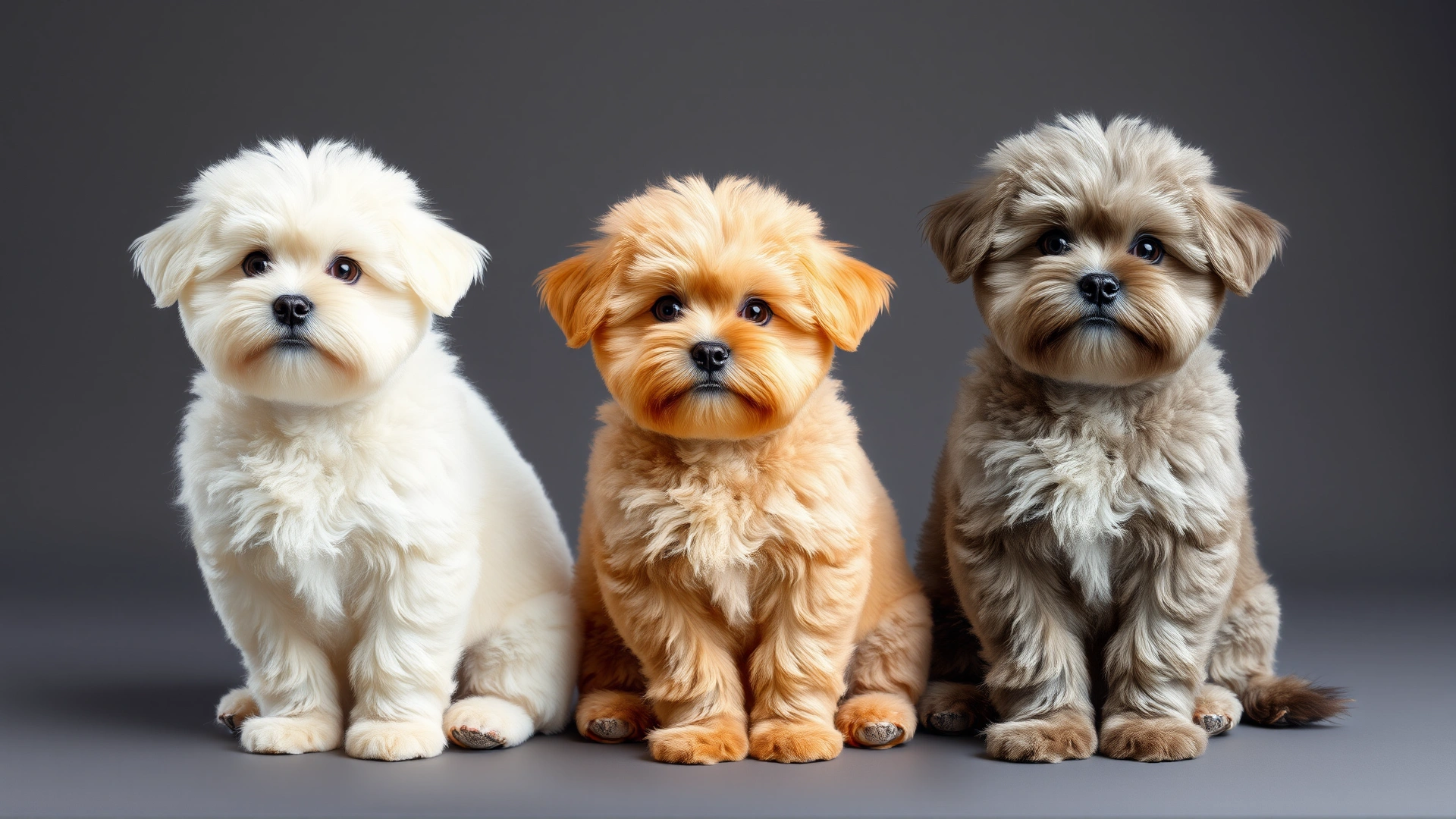 Collage-style image featuring three Maltipoos of different coat colors (white, apricot, grey) sitting side by side in a studio setting – well-lit, high resolution