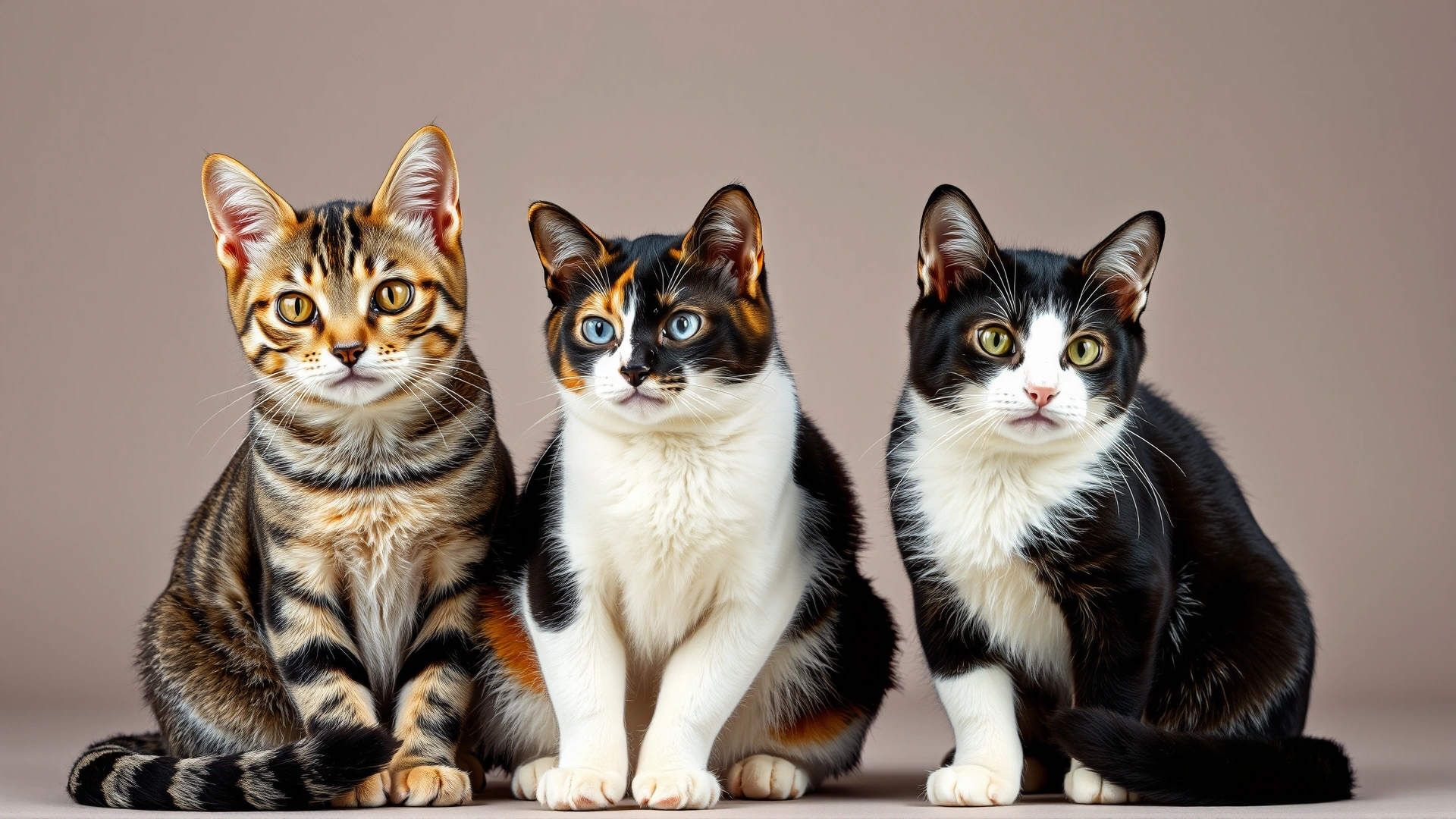 Collage-style photo showing three American domestic cats with different coat patterns (tabby, calico, and solid black) sitting together in front of a neutral background, studio lighting
