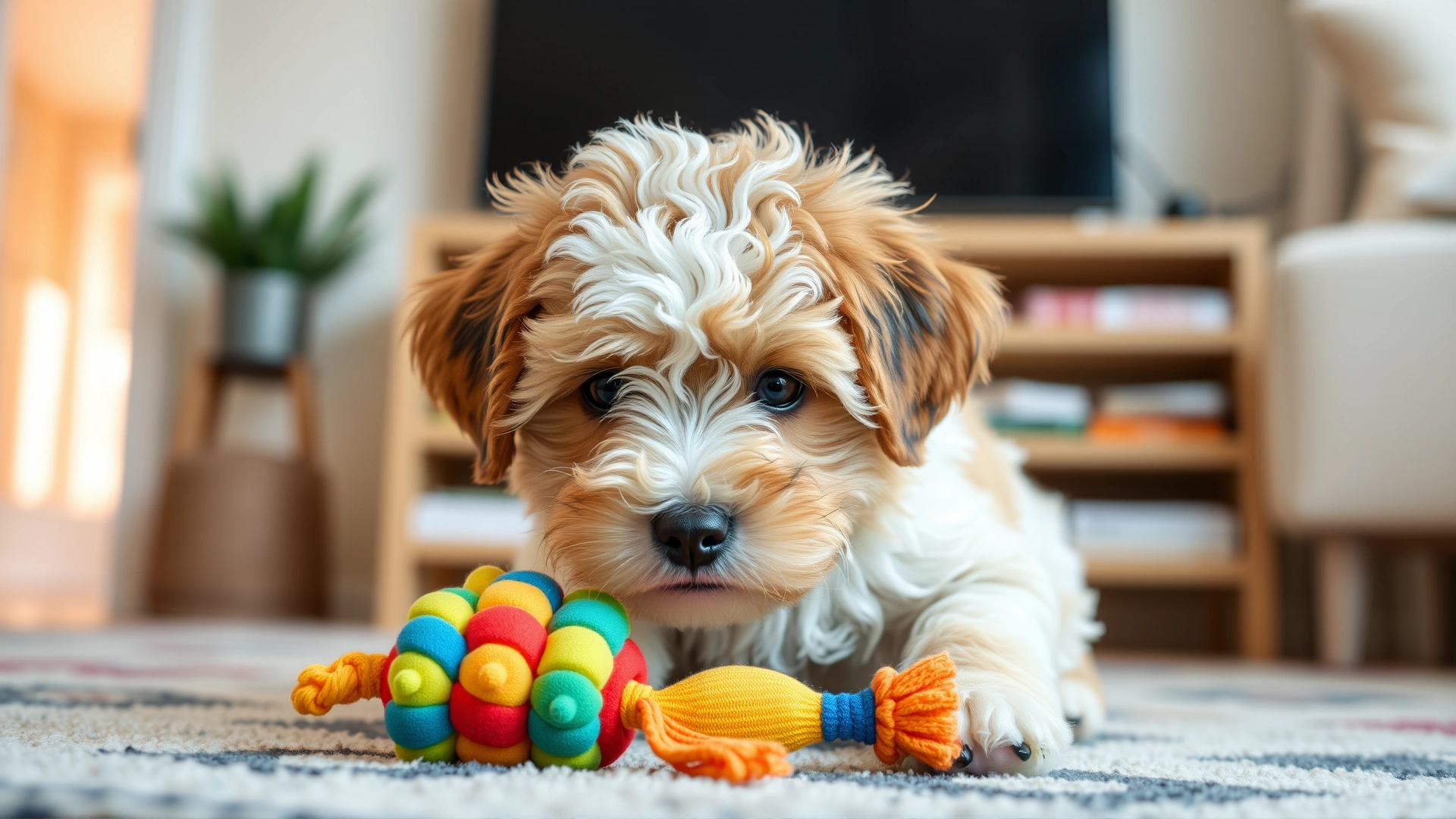 Adorable Cockapoo puppy playing with a colorful toy on a living room rug.