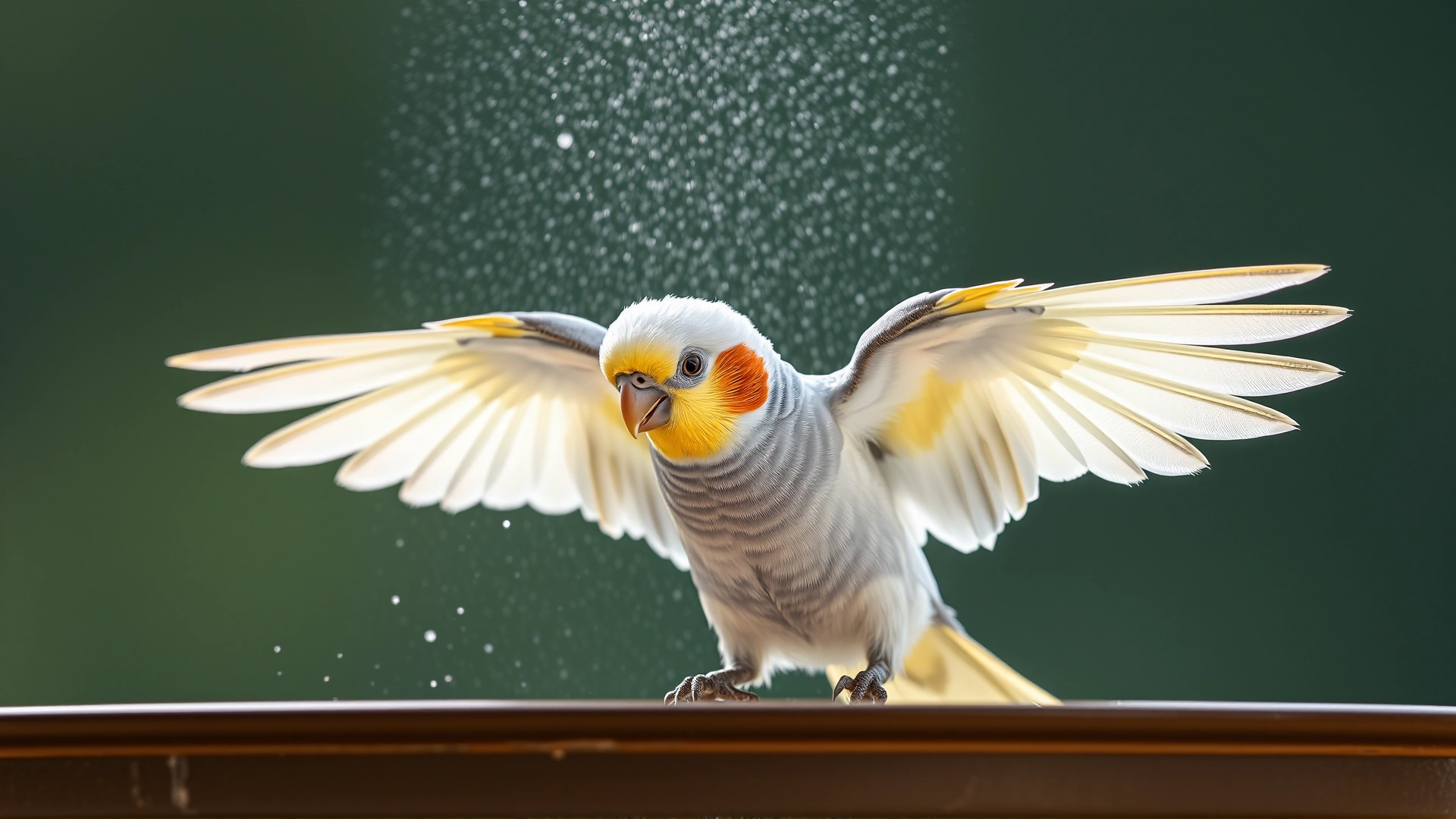 Cockatiel enjoying a gentle mist bath, wings slightly open, water droplets visible mid-air