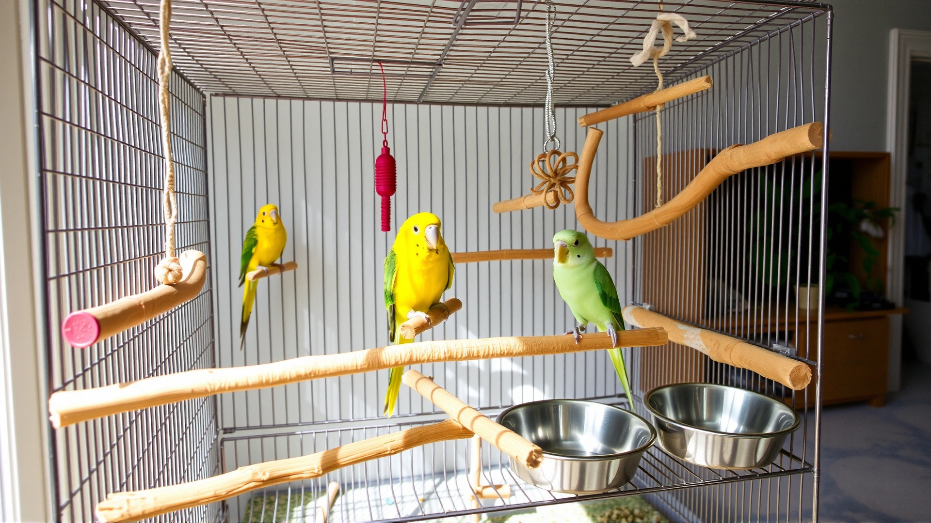 Spacious bird cage setup with toys, multiple natural perches, and stainless steel bowls, photographed in a clean home environment