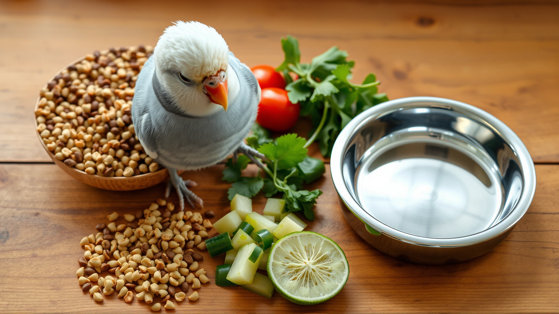 Flat lay of a balanced cockatiel diet: pellets, chopped fresh vegetables, small portion of seeds, and a stainless steel water dish on a wooden table