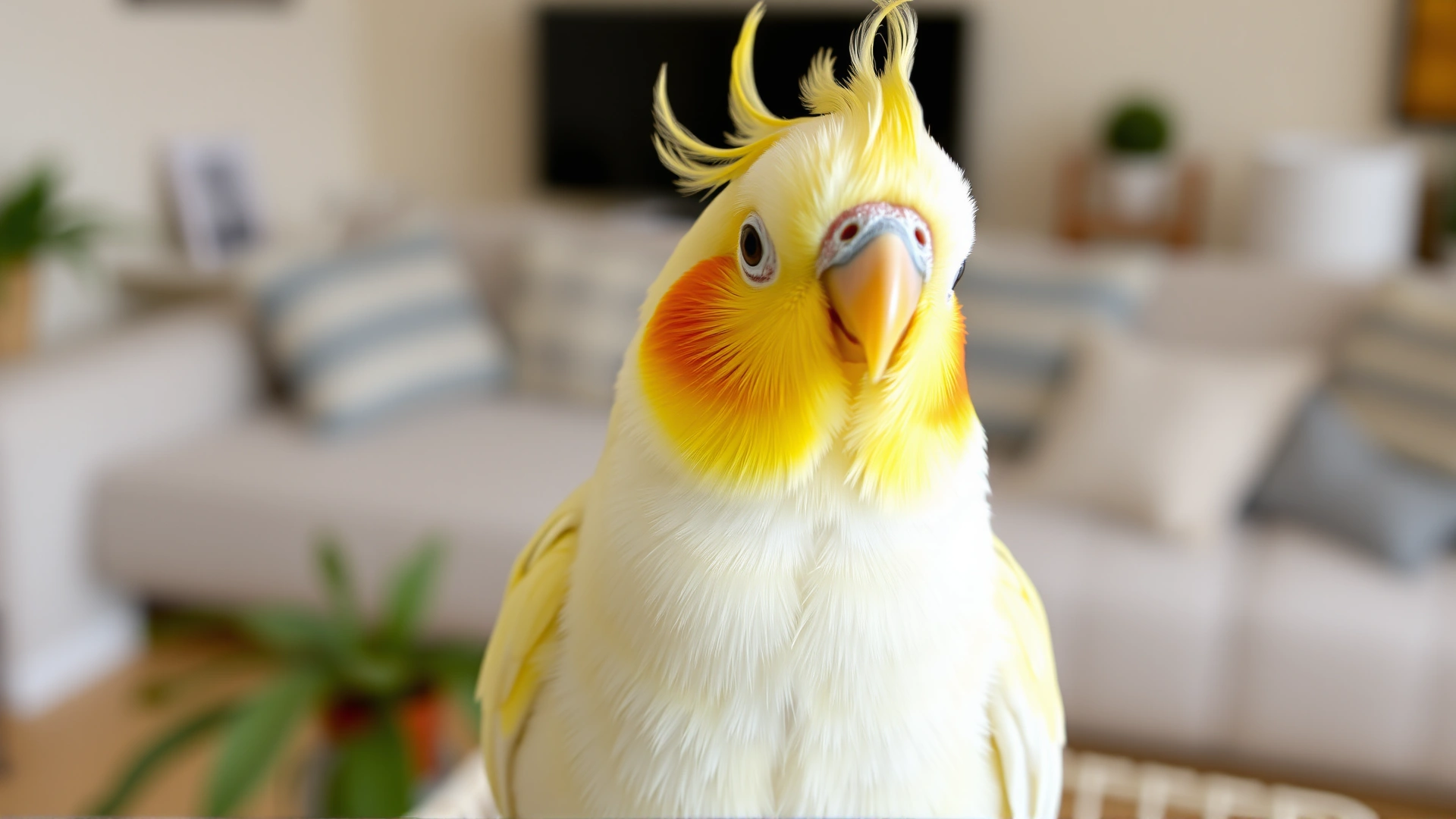 A cheerful cockatiel with a yellow crest whistling on top of a cage, living-room background