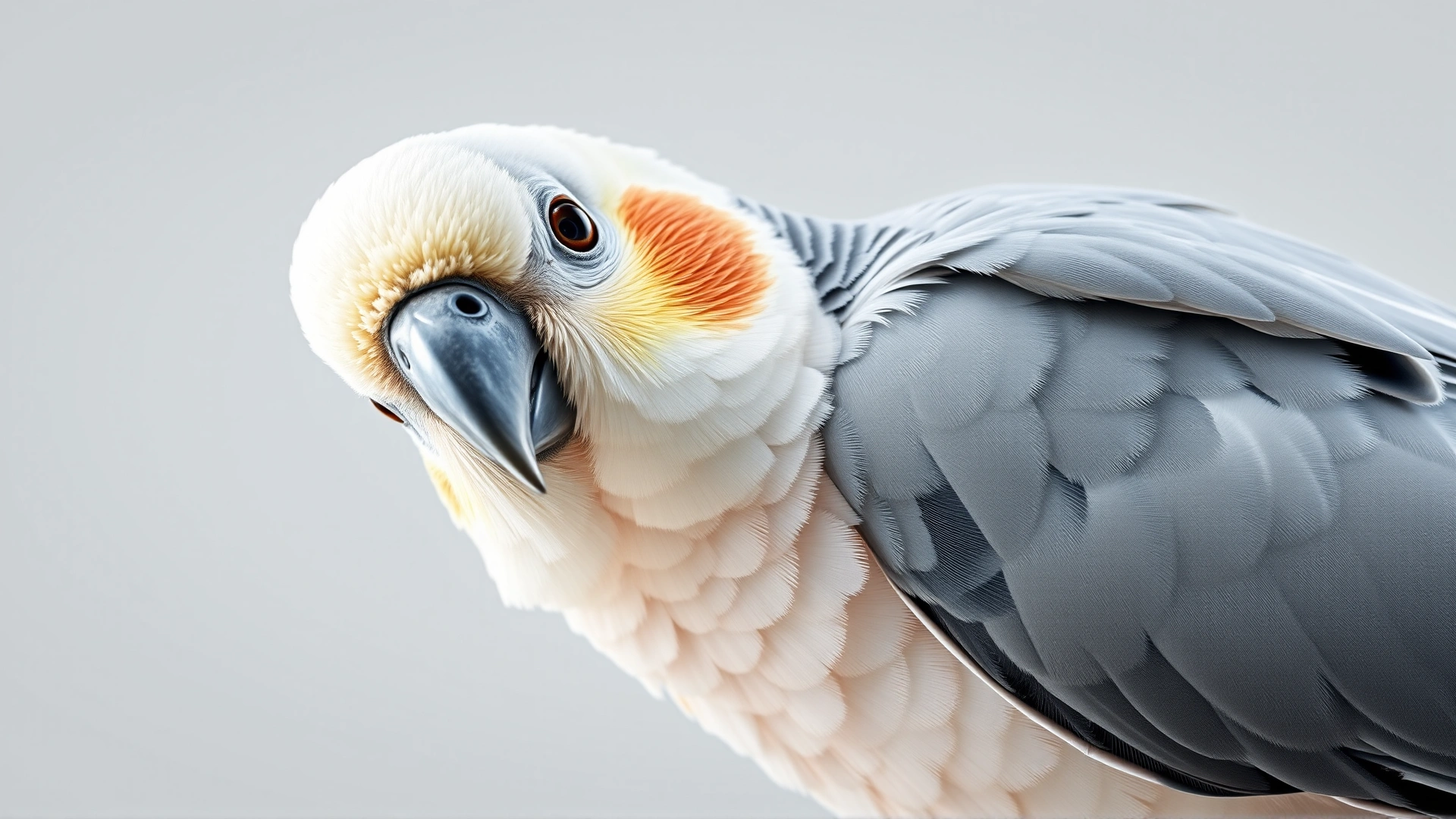 Detailed portrait of a cockatiel looking directly at the camera, feathers pristine, neutral background