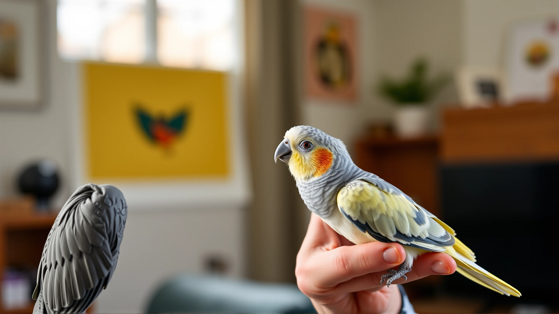 Person holding out a finger while a curious cockatiel steps up, displaying positive interaction in a well-lit room