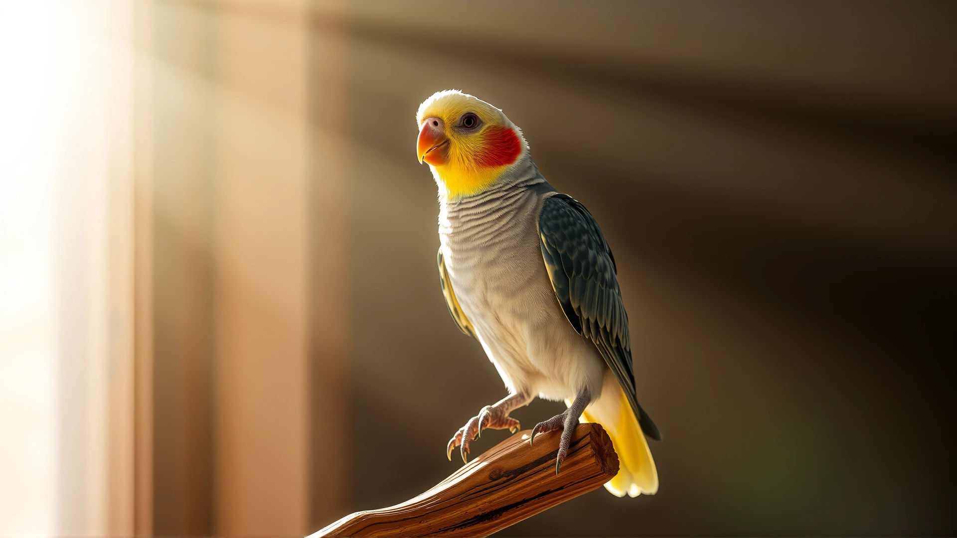 Cockatiel whistling on top of a wooden perch, sunlight streaming through a window