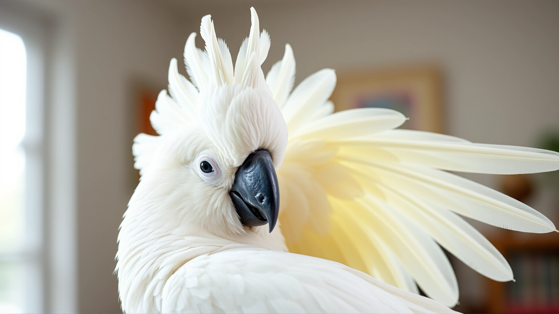 A white umbrella cockatoo spreading its crest while cuddling with its owner, soft indoor light
