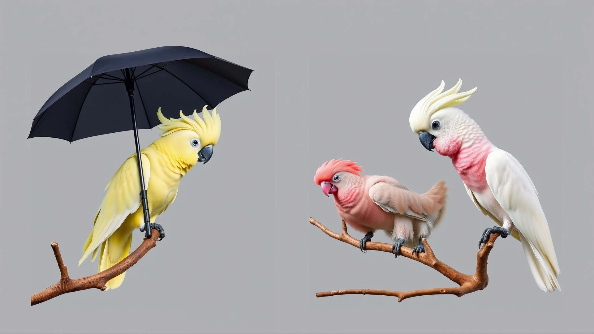 A clean collage showcasing four cockatoo species (umbrella, sulphur-crested, rose-breasted, and Goffin’s) each perched on similar branches against a neutral gray background for clear comparison.