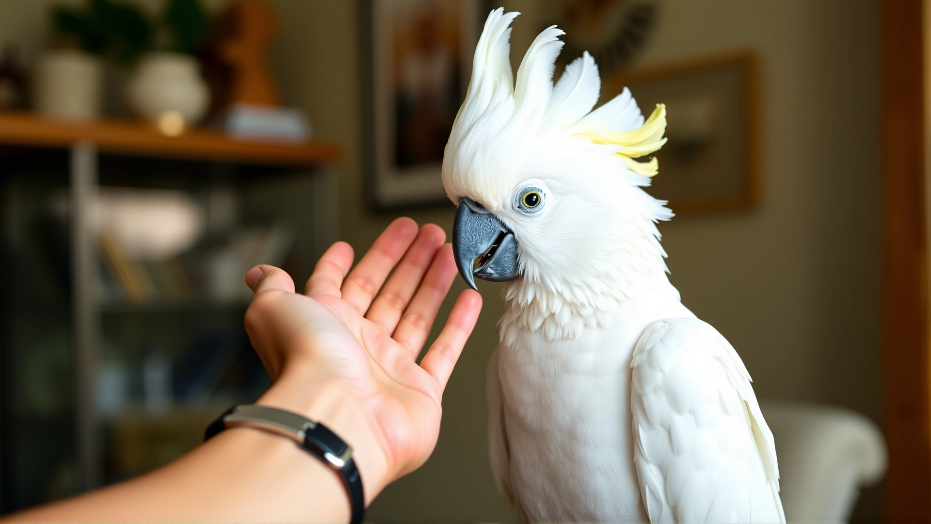 White Cockatoo raising its crest while interacting with a human hand, warm household interior