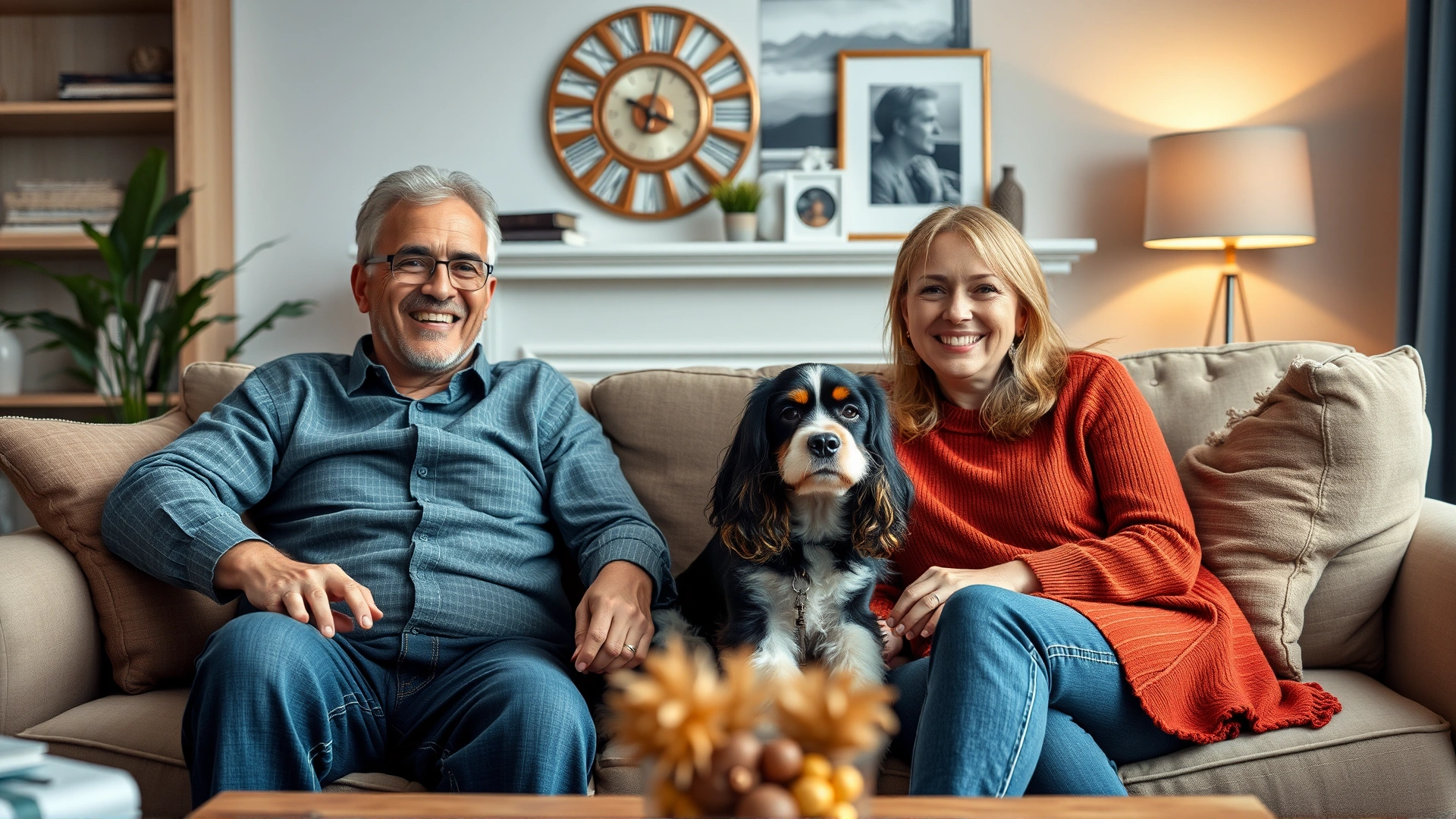 Happy family sitting on a couch with their Cocker Spaniel, cozy living room atmosphere