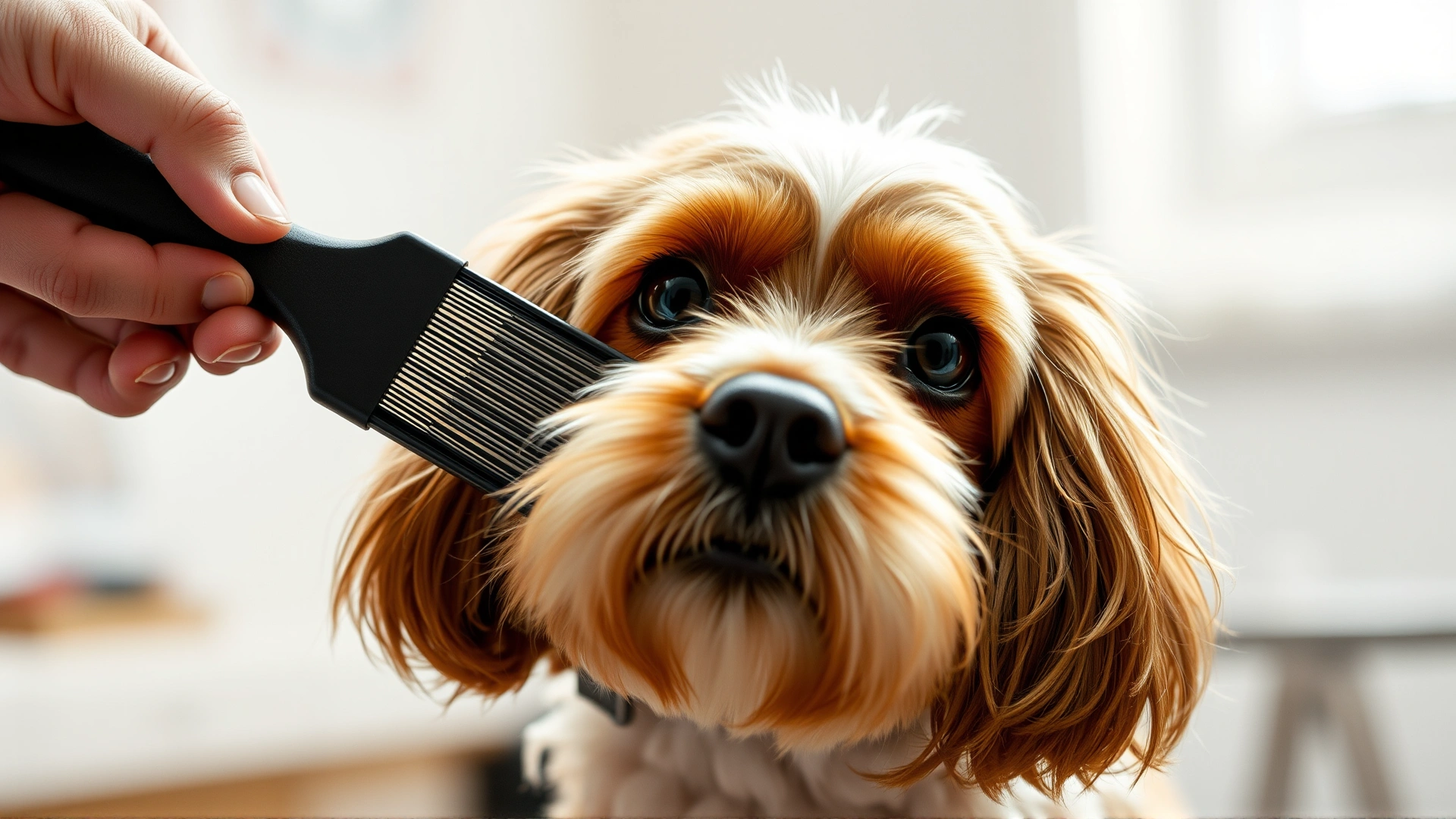 Close-up shot of a well-groomed Cocker Spaniel being brushed, showing its silky coat, indoors, soft lighting