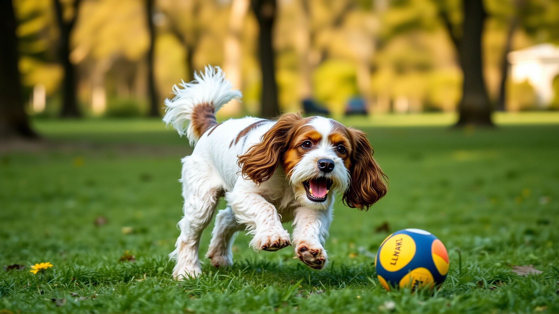 An energetic Cocker Spaniel fetching a ball in a park during a training session, motion blur background