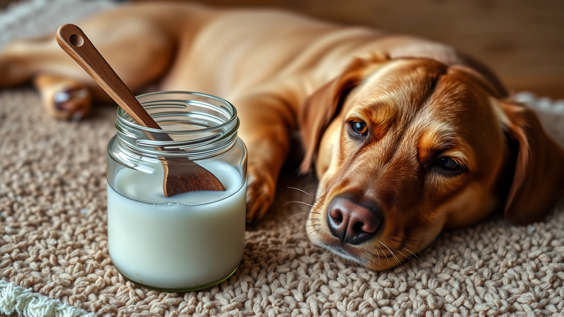 Open jar of coconut oil with a wooden spatula, next to a dog with a shiny coat lying on a soft rug.