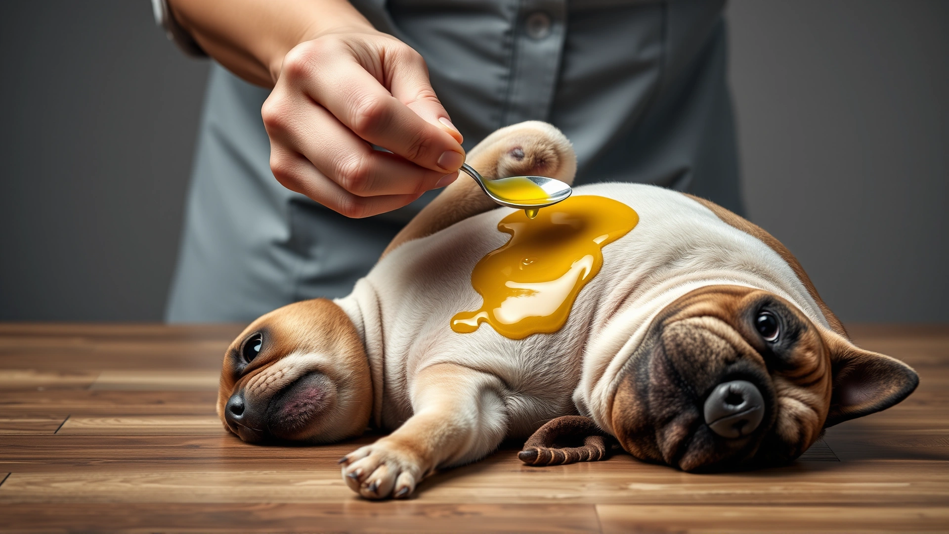 Person rubbing a spoonful of virgin coconut oil onto the belly of a relaxed French bulldog lying on its back.