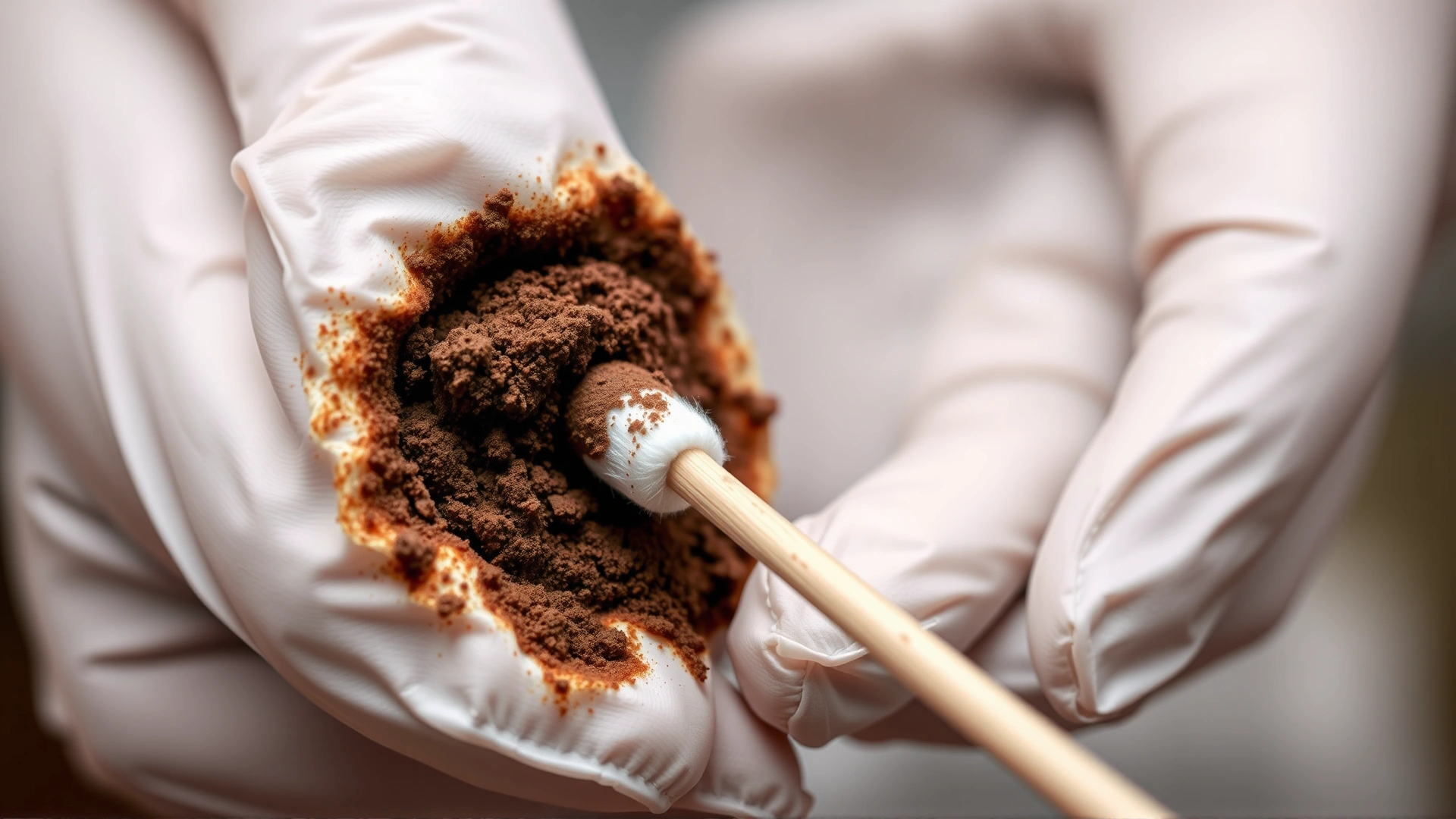 Close-up of a veterinarian’s gloved hand holding a cotton swab with dark, coffee-ground-like ear discharge.