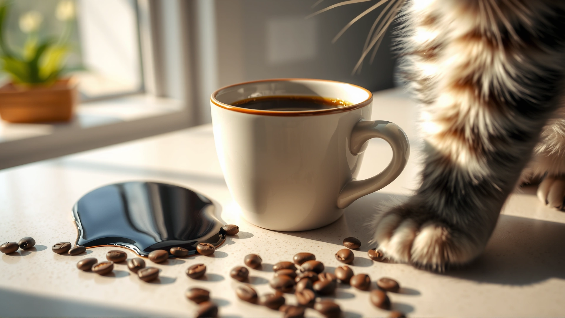 A cup of spilled black coffee with scattered coffee beans on a kitchen counter while a cat's paw reaches curiously toward it; natural daylight