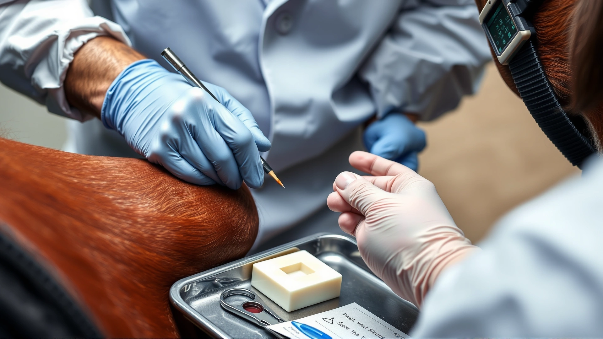 Close-up of a veterinarian gently drawing blood from a horse’s jugular vein for a Coggins test, with medical supplies visible on a tray.