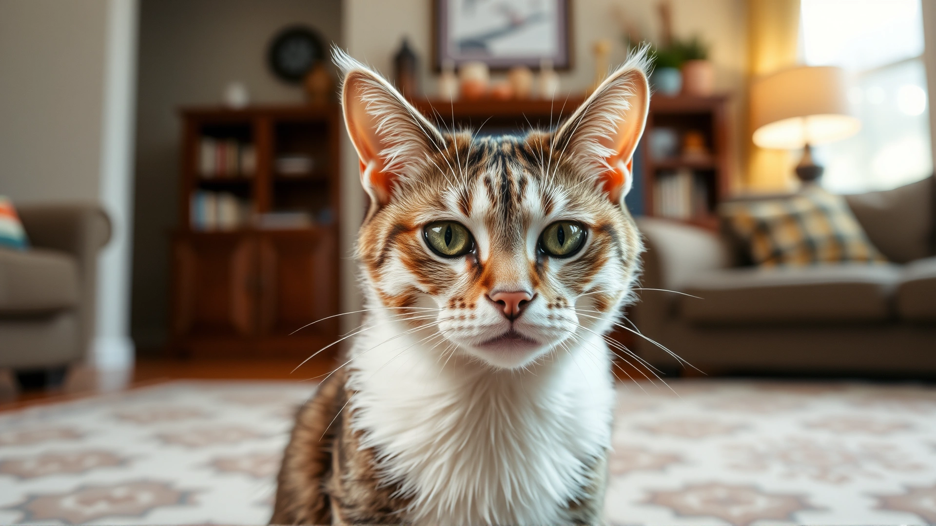 A senior cat looking confused in a familiar living room, symbolizing cognitive dysfunction.